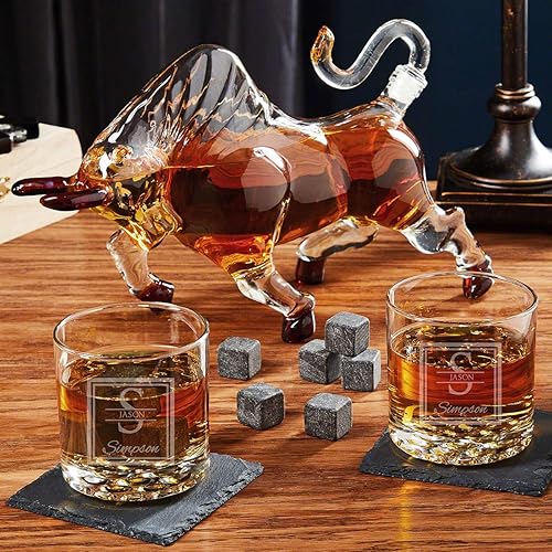 Juego de vasos de whisky Buckman personalizados y decantador de whisky El Matador Bull (regalo personalizado)
