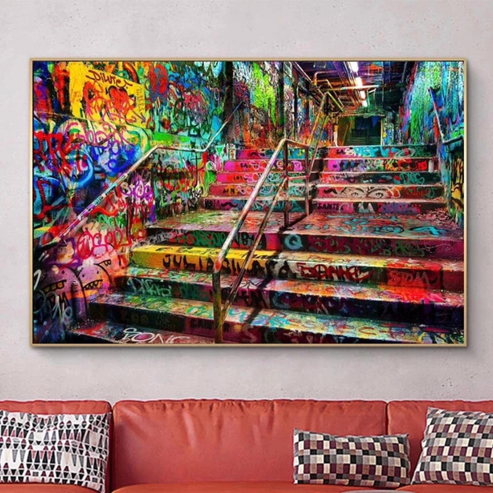 LSYALUCK Quadro su tela astratto albero della vita graffiti colorati stampa su tela per soggiorno camera da letto ufficio decorazione della parete di casa 60x150 cm (24x59 pollici) con cornice nera