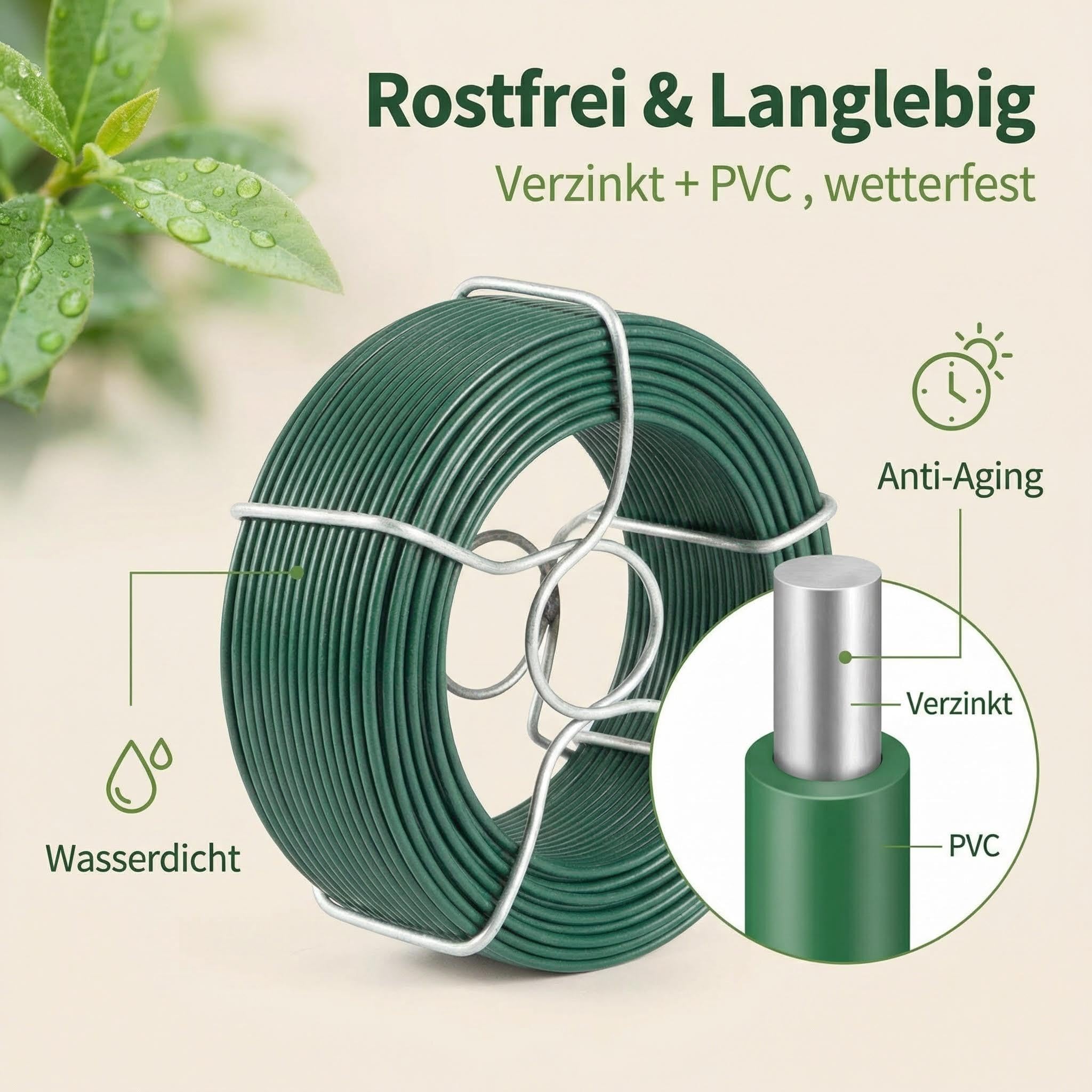 Amagabeli Alambre de Hierro Plastificado Ø0.95mm x 50m, 6 Rollos de Cable Revestido para Jardín y Cercados, Inoxidable de PVC Verde