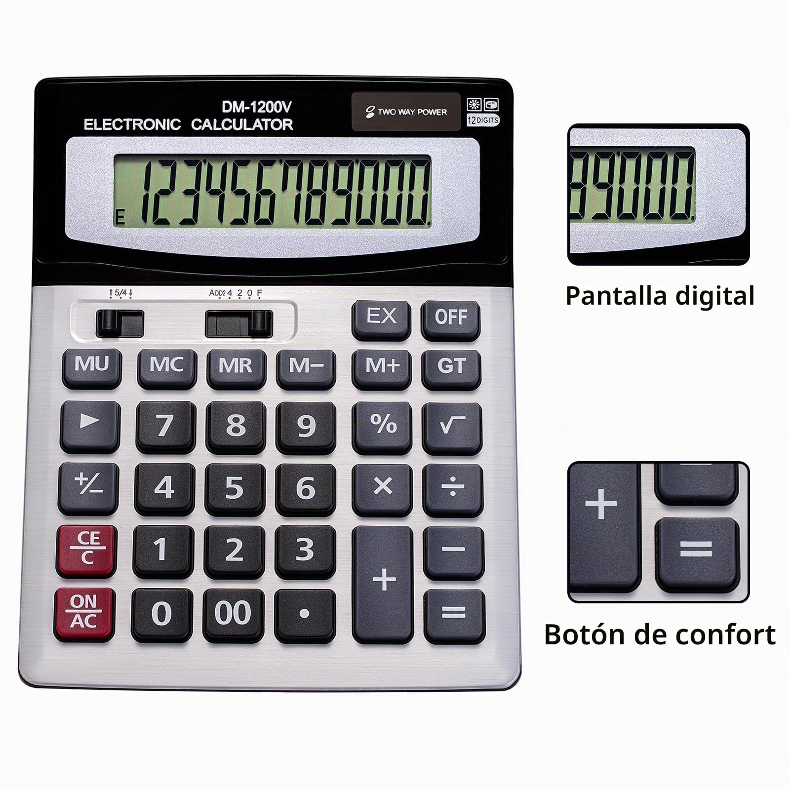 Calculadora de sobremesa de 12 dígitos con gran pantalla LCD y tecla sensible, energía solar dual y batería, función estándar para oficina (YE1200v)