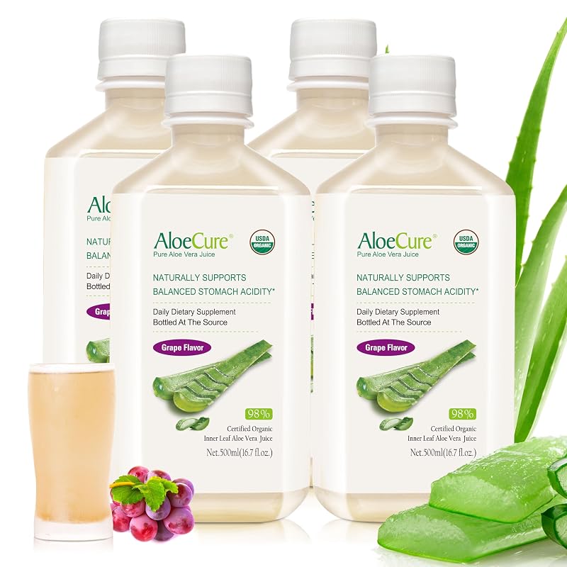 AloeCure Suplemento de Aloe Vera Orgânico com 98% de gel da folha interna, sabor uva, 2.000 mL, 4 garrafas