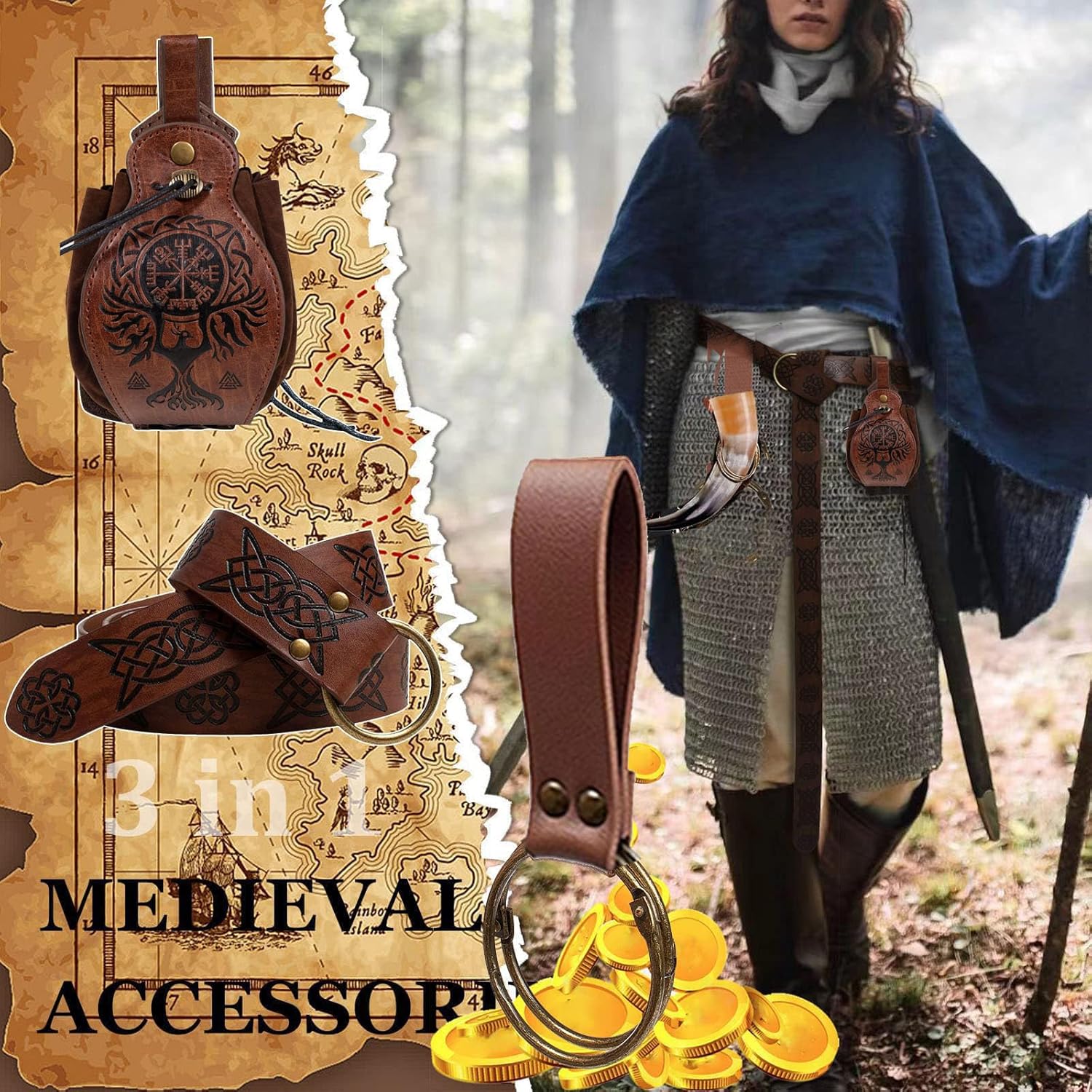 SUMGOGO 4 Pcs Halloween Renaissance Belt Pouch Witch Bottle Skirt Hikes Medieval Viking Pirate Leather Belt Costume Set - Image 2