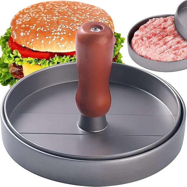 RETOO Prasa do burgerów z odlewu aluminiowego 12 cm do pysznych hamburgerów z powłoką zapobiegającą przywieraniu, prasa do hamburgerów, prasa do równomiernych kołatek, BBQ, cheeseburgerów, warzywnych