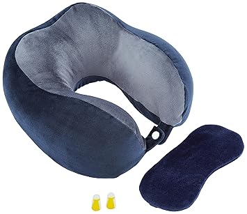 Amazon Basics Memory Foam Premium Travel Neck Pillow + Sleeping Eye Mask + Noise Isolating Ear Plugs Combo| Extra Comfortable | Super Soft Velvet Fabric I Blue & Grey - image, photos
