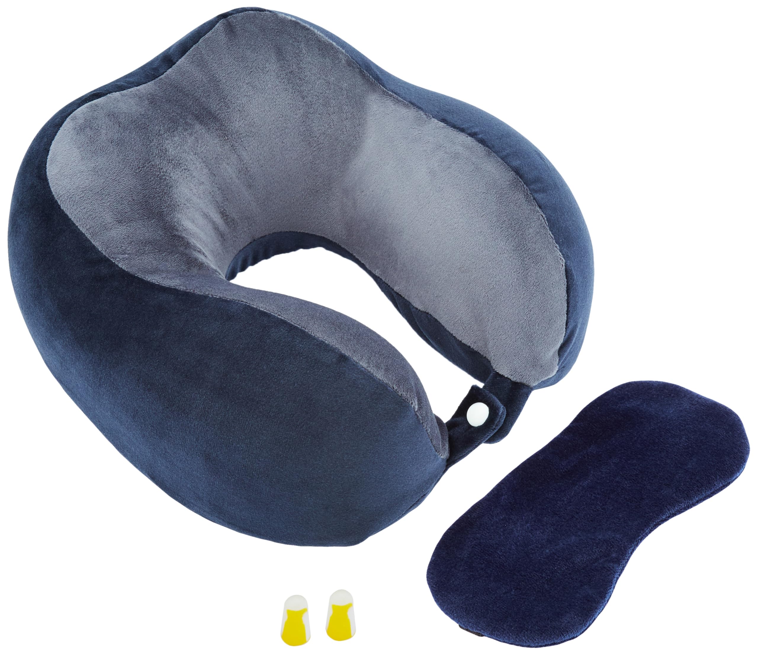 Memory Foam Premium Travel Neck Pillow + Sleeping Eye Mask + Noise Isolating Ear Plugs Combo| Extra Comfortable | Super Soft Velvet Fabric I Blue & Grey
