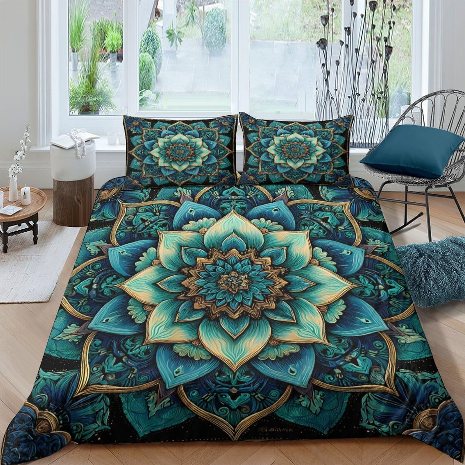 Ctjqhvkz Style-6 3D Printed Mandala Floral Fitted Sheet Microfiber Soft Blue Green Boho Lotus Bed Cover For Bedroom Guest Room Decor Single（135X200cm）