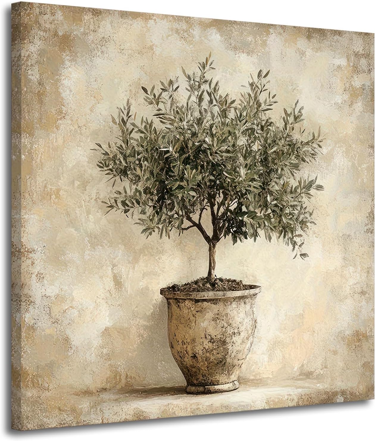 Olive Tree in Vessel Rustic Canvas Wall Art Neutral Botanical Wall Decor Pictures Antique Vintage Potted Plant Poster Prints for Farmhouse Kitchen Dining Room Home Decoration 16x16in Ready to Hang