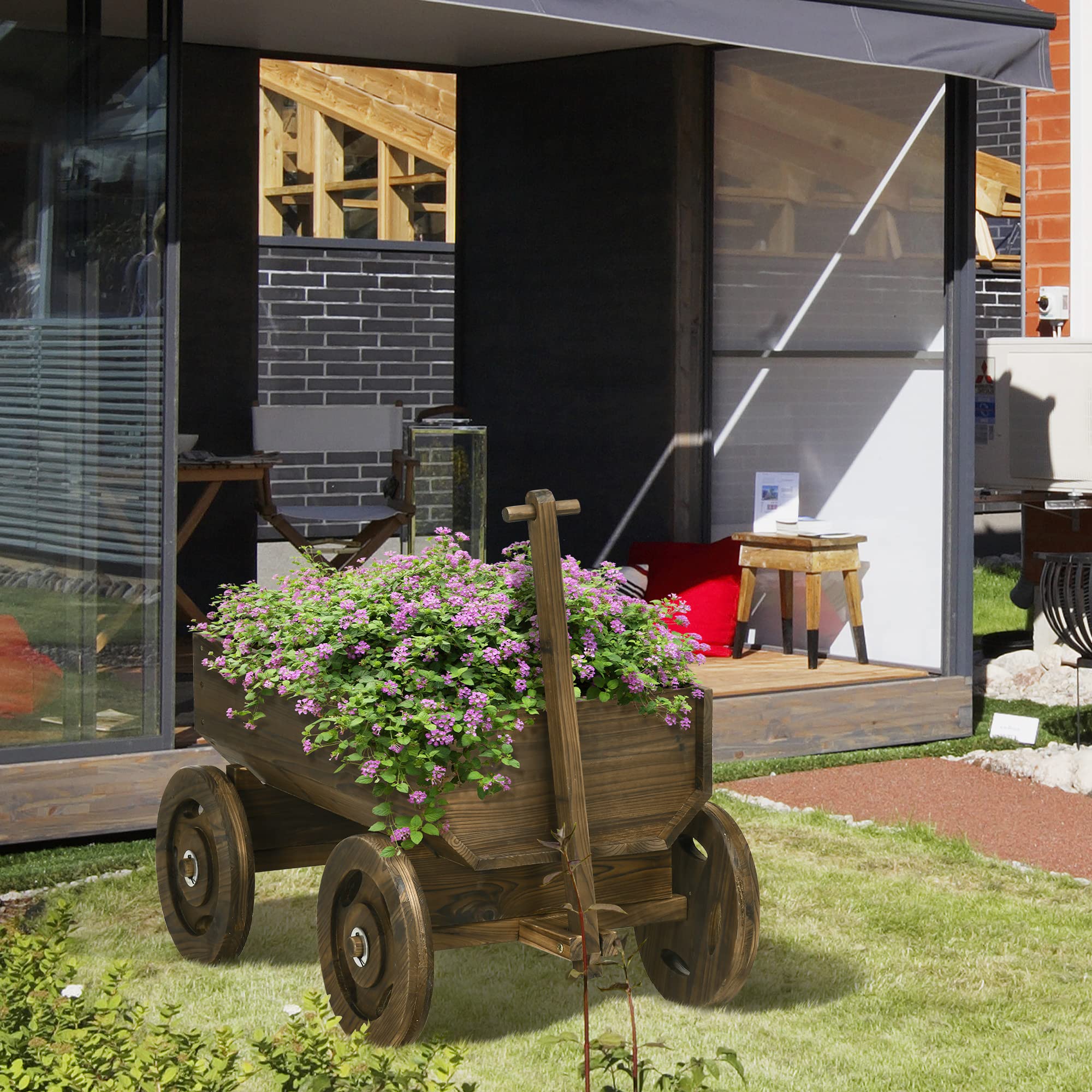 Outsunny Hochbeet im Holzwagen-Design, Blumenkasten Holz, Pflanzenwagen, Pflanzenständer für Garten und Terrasse, bis 50 kg belastbar, Verkohlt, 127 x 53 x 58 cm