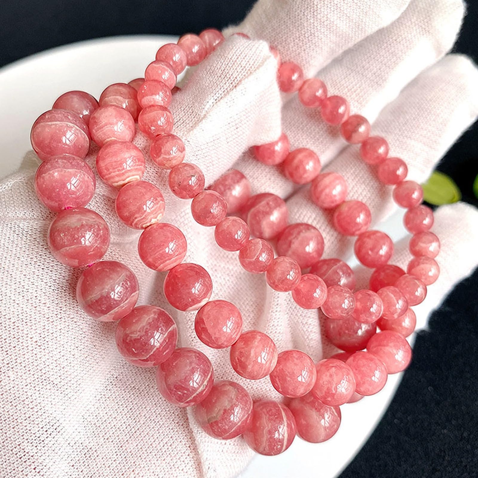 Pulsera de rodocrosita Natural para Mujer, Pulsera de Cuentas con Rayas Rojas y Blancas, joyería elástica con Piedras curativas Redondas para Uso Diario.,8mm