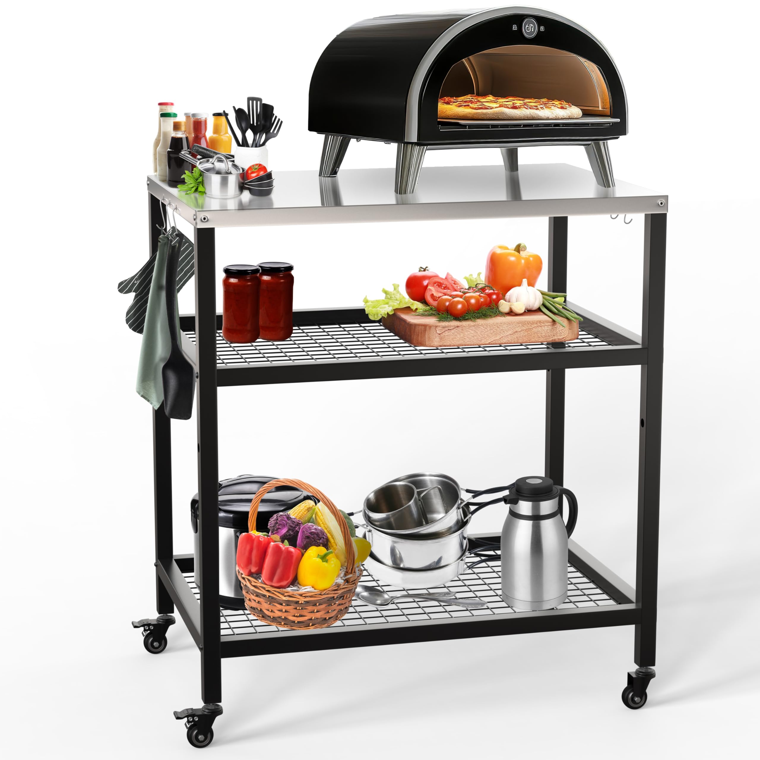 Outdoor Pizza Oven Stand Grill Cart Table Pizza Oven Trolley Stand Stainless Steel Table on Wheels 80x60x90cm