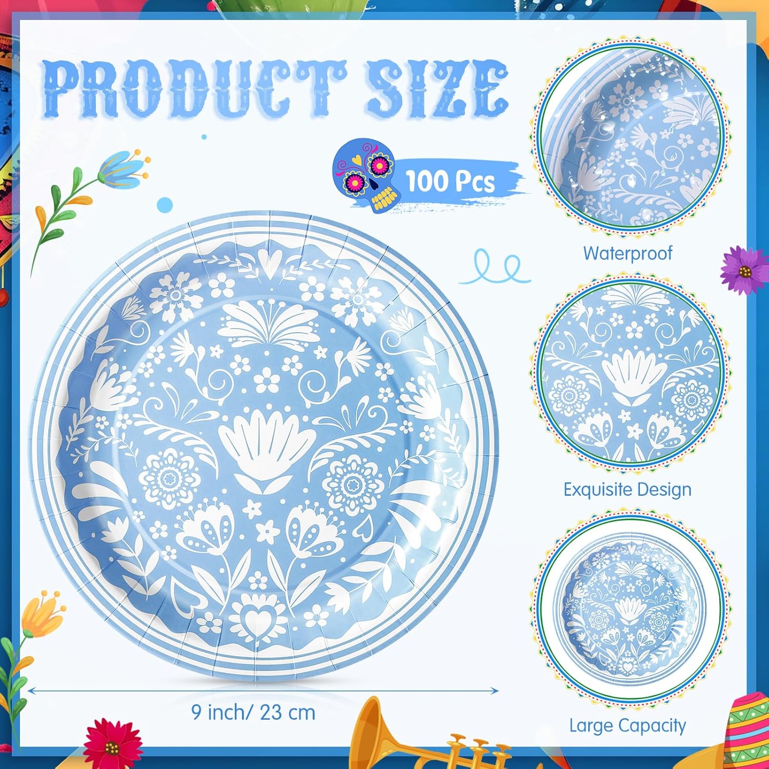 FillTouch 100 Pcs Mexican Floral Paper Plates 9 Inch Cielito Lindo Disposable Cake Dessert Dinner Plates for Mexican Cielito Lindo Baby Shower Fiesta Birthday Party Decorations Supplies (Blue)