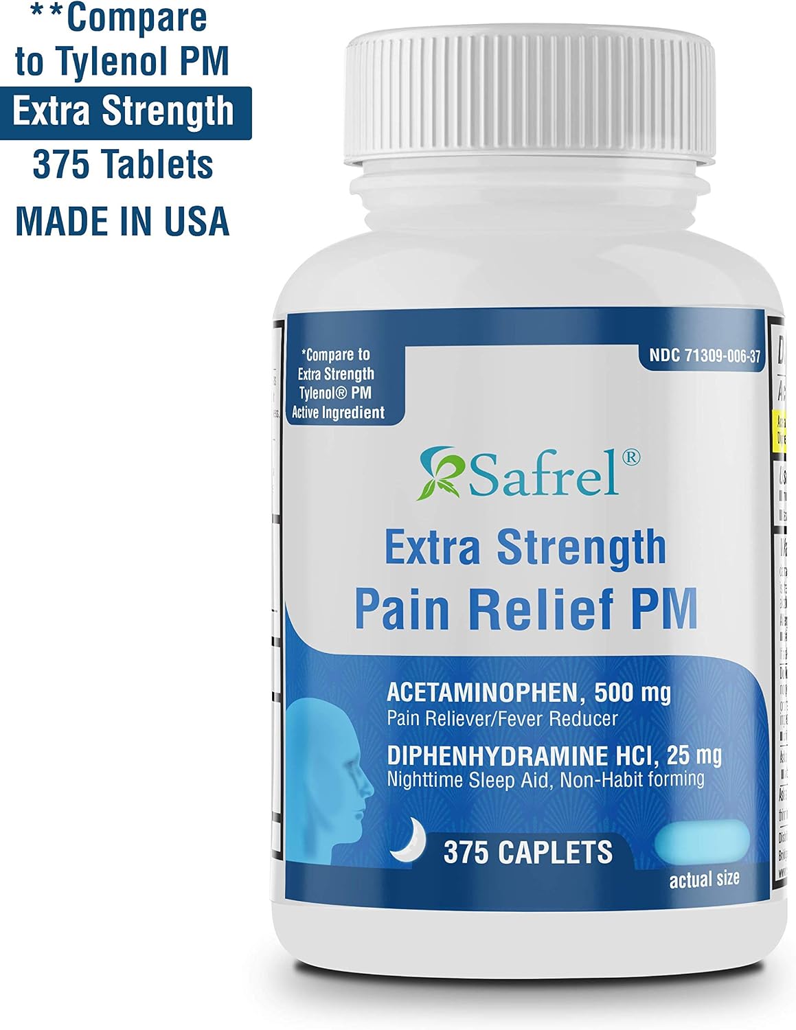 Safrel Extra Strength Pain Reliever PM and Sleep Aid (375 Tablets) | Acetaminophen 500 mg & Diphenhydramine HCl 25 mg | Fast Acting Relief for Headaches, Minor Aches | Non-Habit Forming | Value Pack