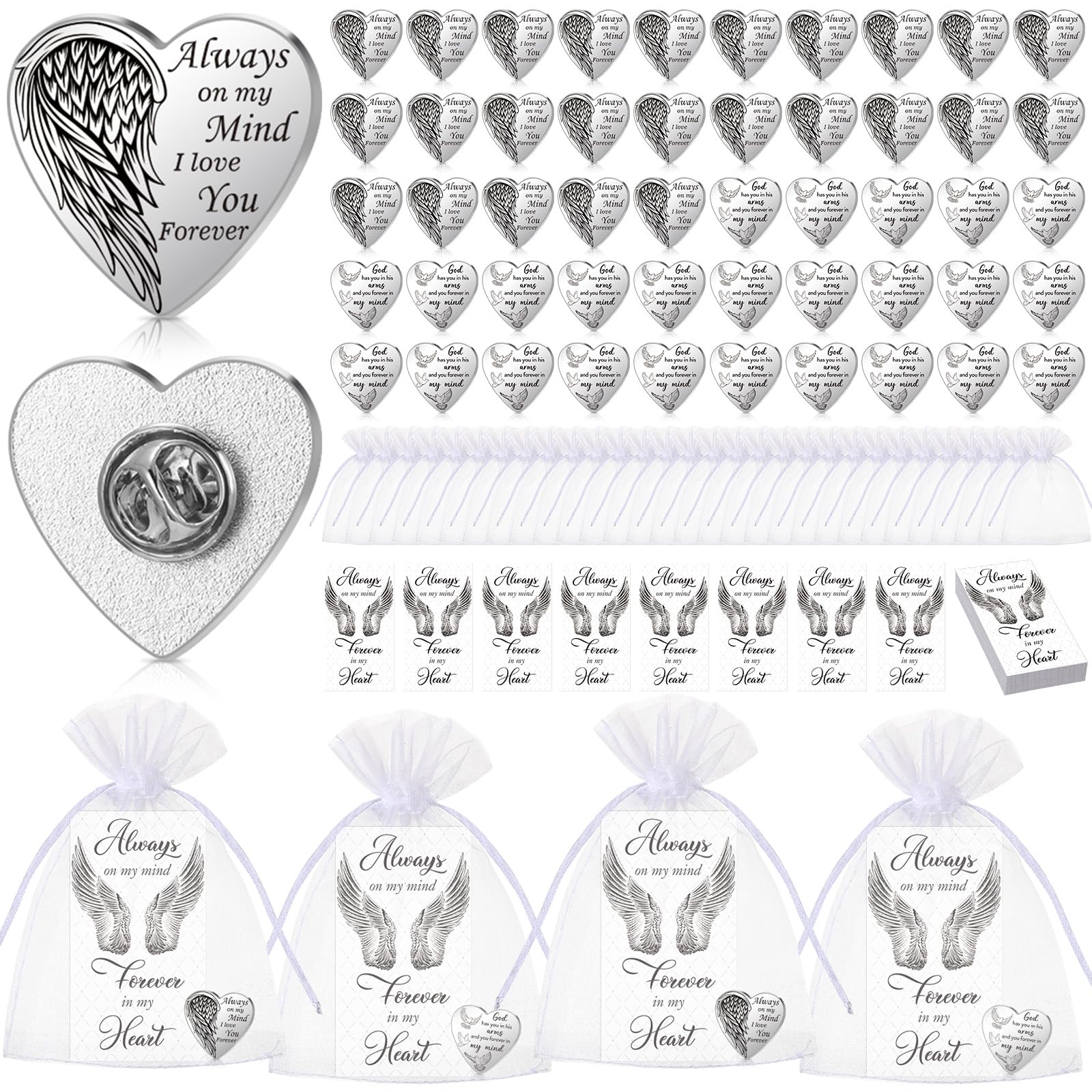 Tondiamo 50 Sets Memorial Angel Sign Pins Funeral Favors Include 50 Heart Angel Badges Pins 50 Memorial Poem Cards 50 Organza Bags for Guests Loss