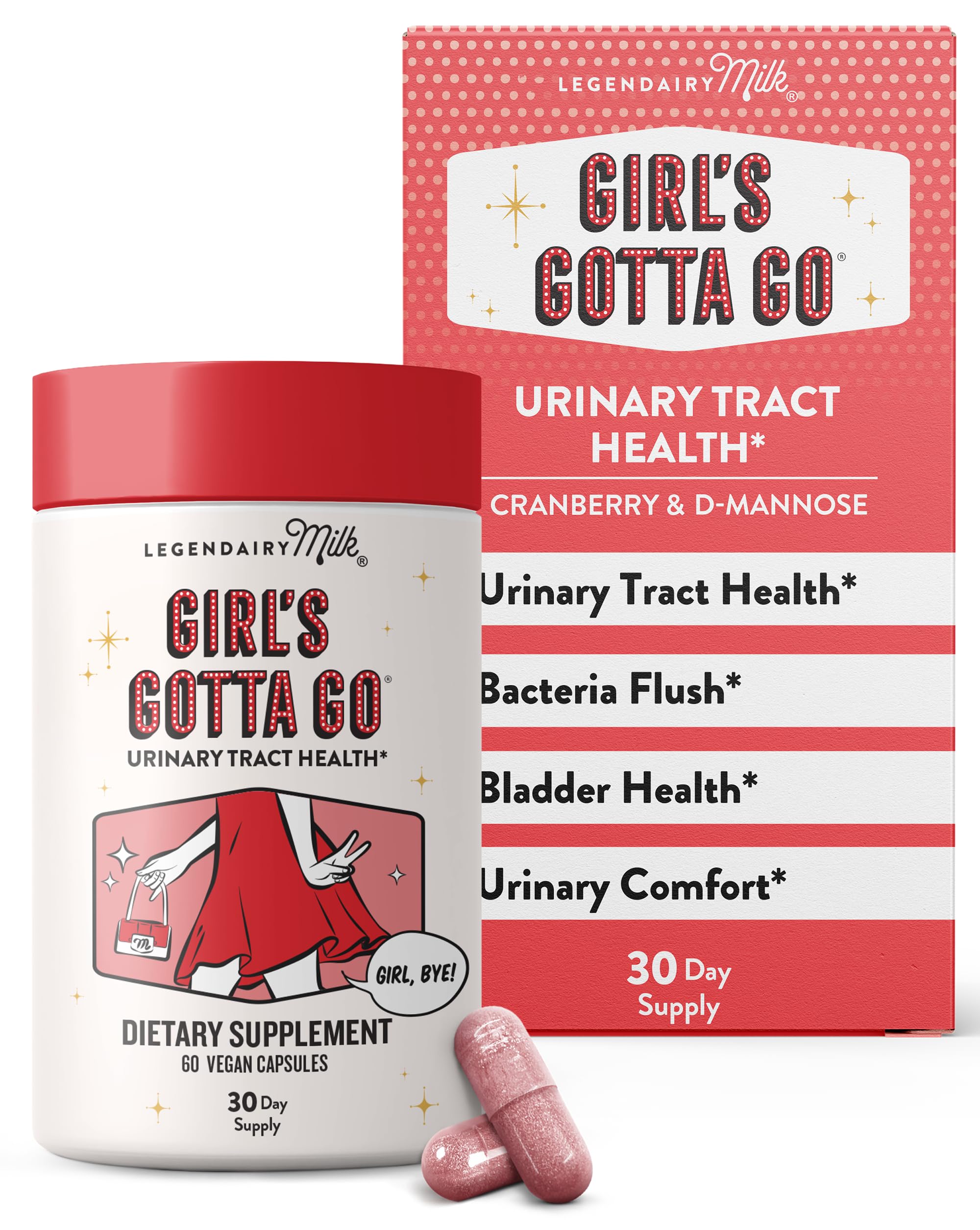 Legendairy Milk Girl’s Gotta Go™ - UTI Support Supplement - Urinary Tract Health for Women - UTI Relief for Women with Sugar-Free Cranberry and D-Mannose, 30 Servings