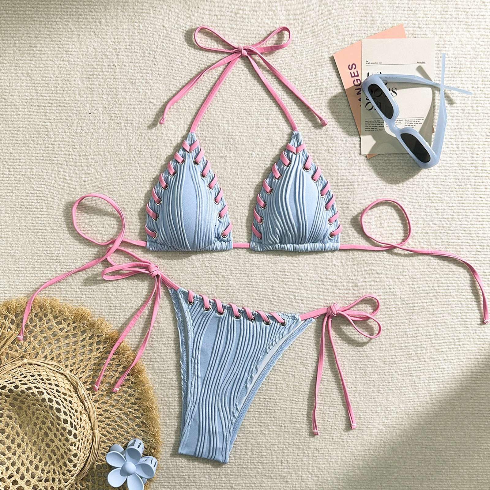 Ensemble de Maillot de Bain Deux Pièces pour Femme, Col V Bikini Set Push Up Ensembles 2 Pièces Halter Hauts Maillots Bas Triangle Bikinis pour Plage Été Vacances Piscine