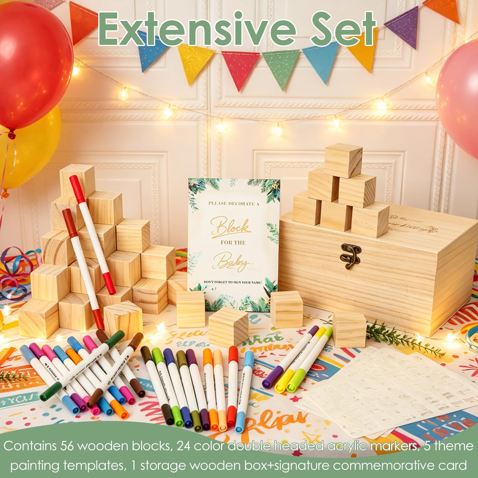 Baby Shower zestaw gier Baby Shower, księga gości, alternatywne drewniane klocki do malowania, w zestawie 56 drewnianych klocków, 24 markery, drewniane pudełko, dekoracja, kreatywna pamiątka