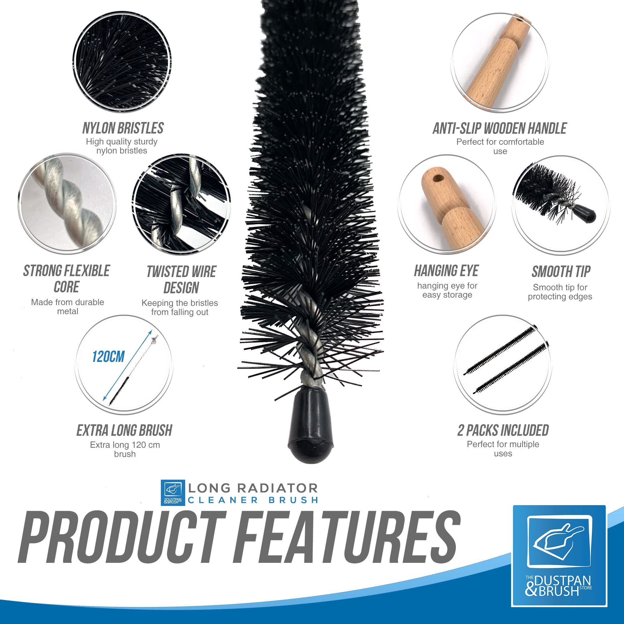Lot de 2 brosses de nettoyage pour radiateur, 120 cm de long et flexible avec manche en bois, pour nettoyer les évents et les peluches qui obtiennent des espaces étroits