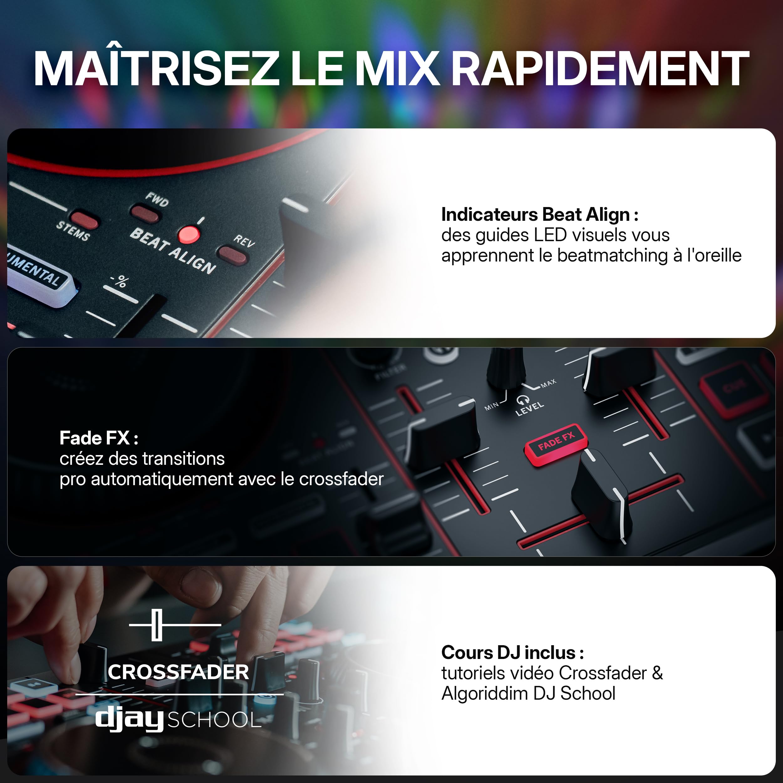 Numark Party Mix III Contrôleur DJ Bluetooth à Lumières Intégrées | Beat Assist, Smart Fader, 16 pads, mixeur DJ 2 decks, contrôle Stems, USB-C, Serato DJ Lite et Algoriddim djay inclus