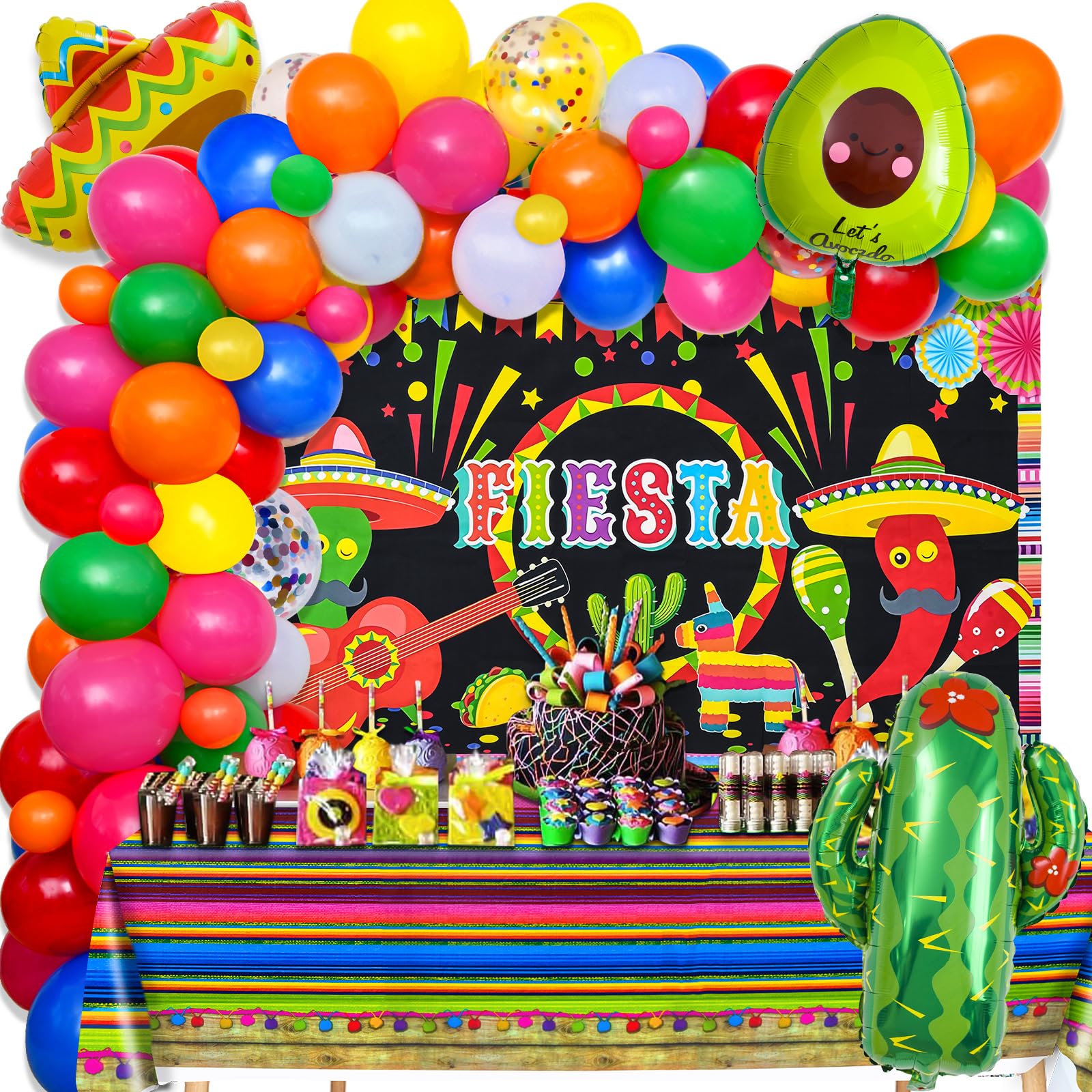 Golray 97pcs Fiesta Party Decorations - Mexico Party Birthday Supplies Balloon Arch Kit Stripe Tablecloth Backdrop Sombrero Llama Avocado Taco Day of the Dead Cinco de Mayo Mexican Party Decor