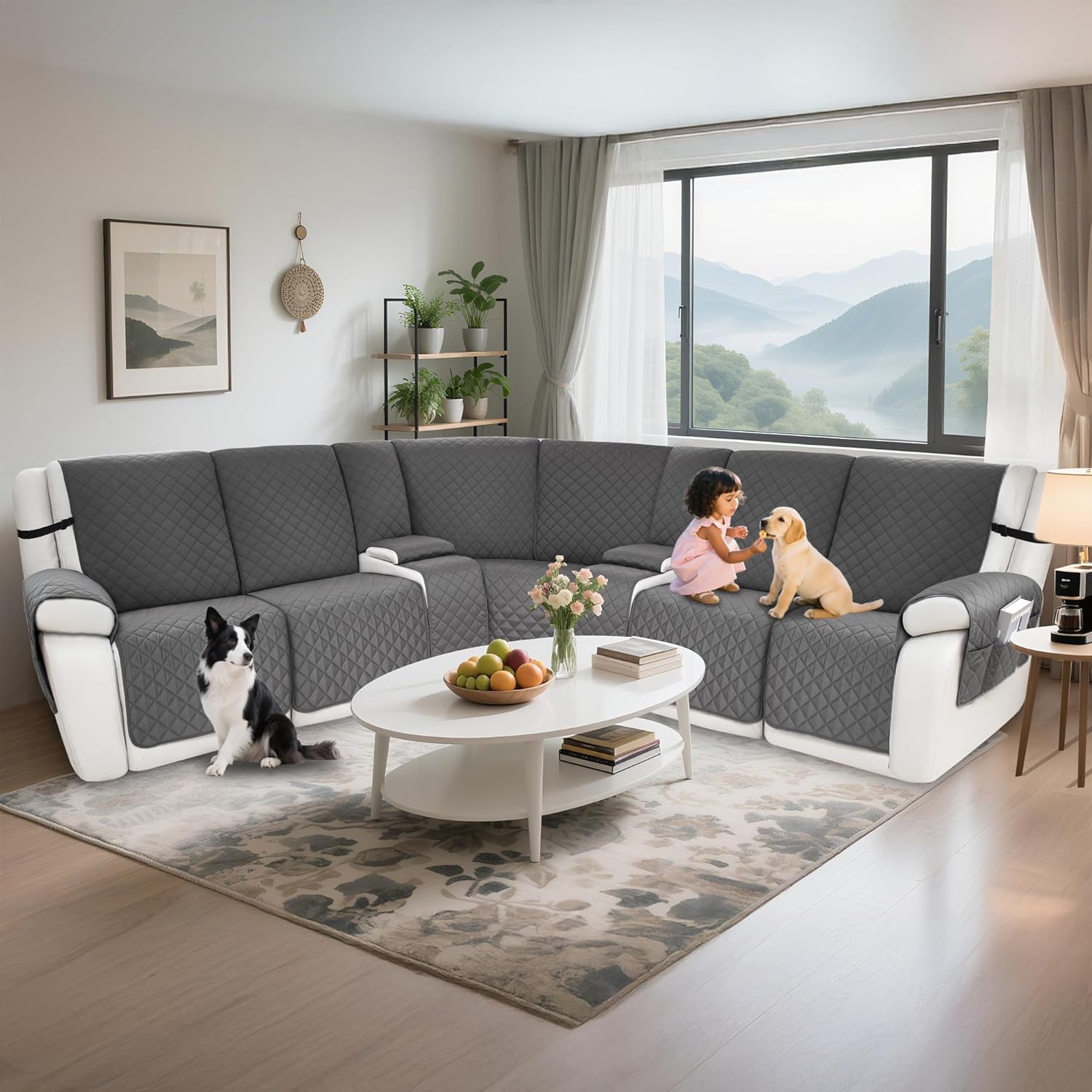 Waterproof Sectional Reclining Couch Covers L Shaped Recliner Sectional Sofa Cover 9 Piece Non Slip Washable Corner Recliner Slipcover Set for Pet Dog (5 Seater 2 Console Cover, Gray)