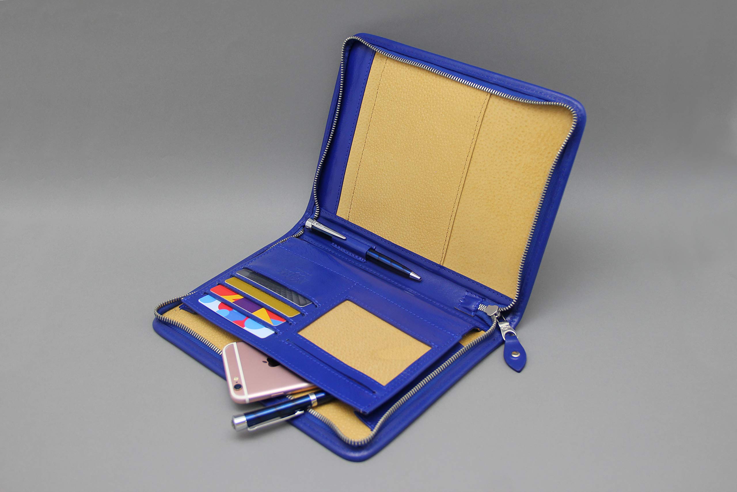 Noda Leather Padfolio A5 Support pour bloc-notes zippé Portefeuille en cuir A5 bleu