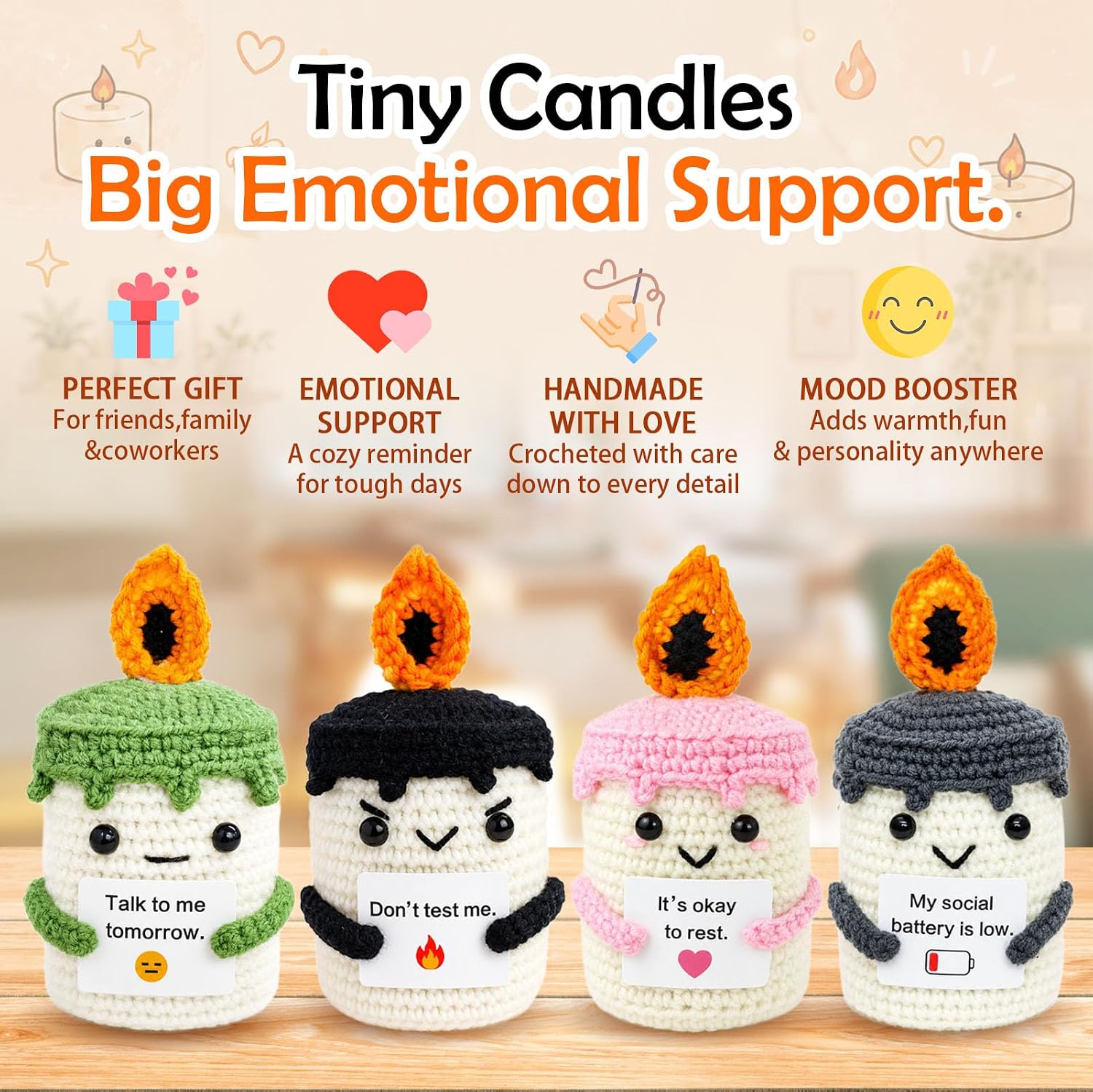 Funny Emotional Support Crochet Candle Gift for Women Men,Handmade Social Battery Low Doll Decor,Gag Birthday Gift for Friend Coworker,Dark Humor Desk Accessories Home Christmas Decor