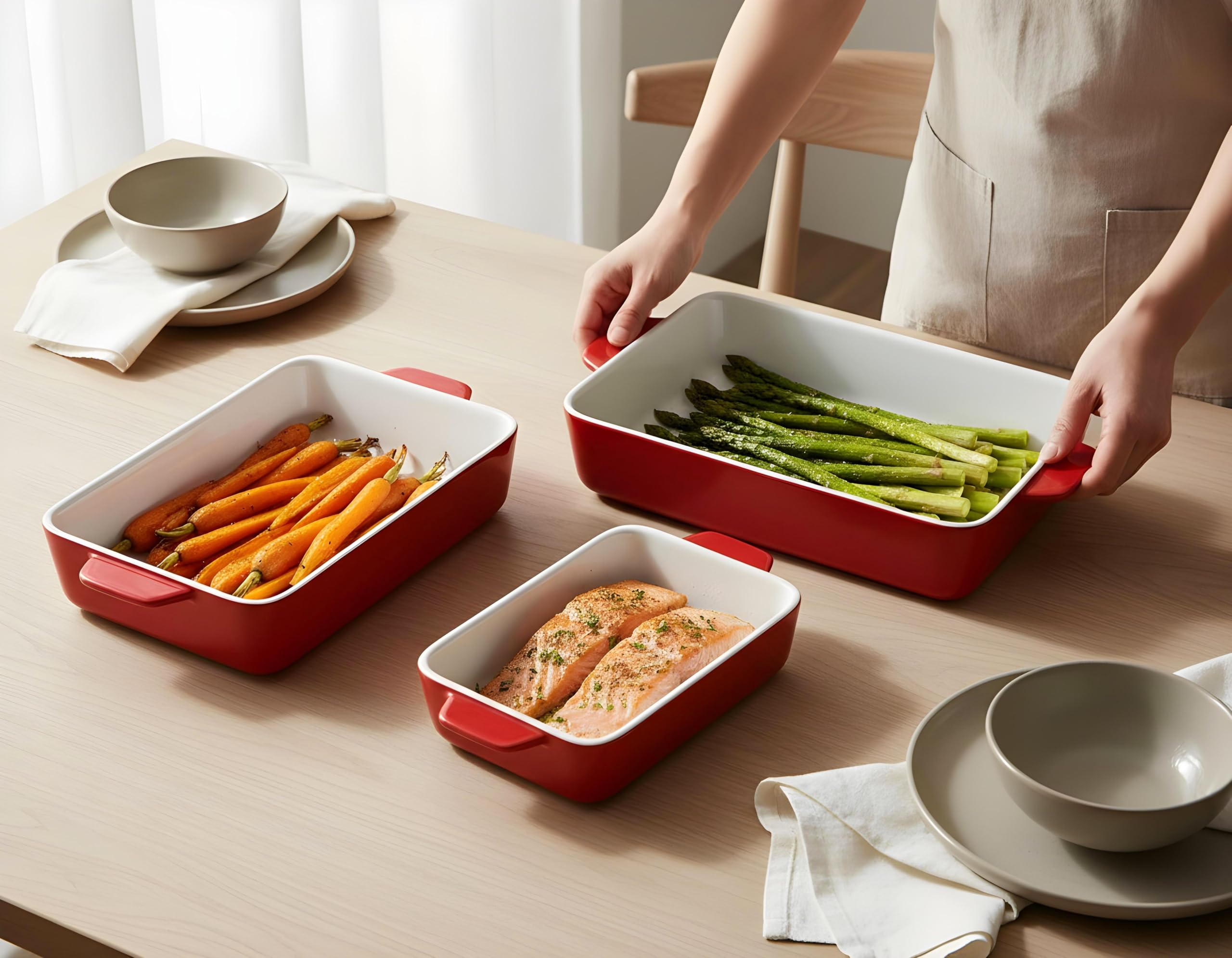 Kook Keramik-Backformen-Set, rechteckig, für Aufläufe, Lasagne, Kuchen, kleine, mittelgroße und große Pfannen, mikrowellen- und spülmaschinenfest, 3-teilig, Kirschrot
