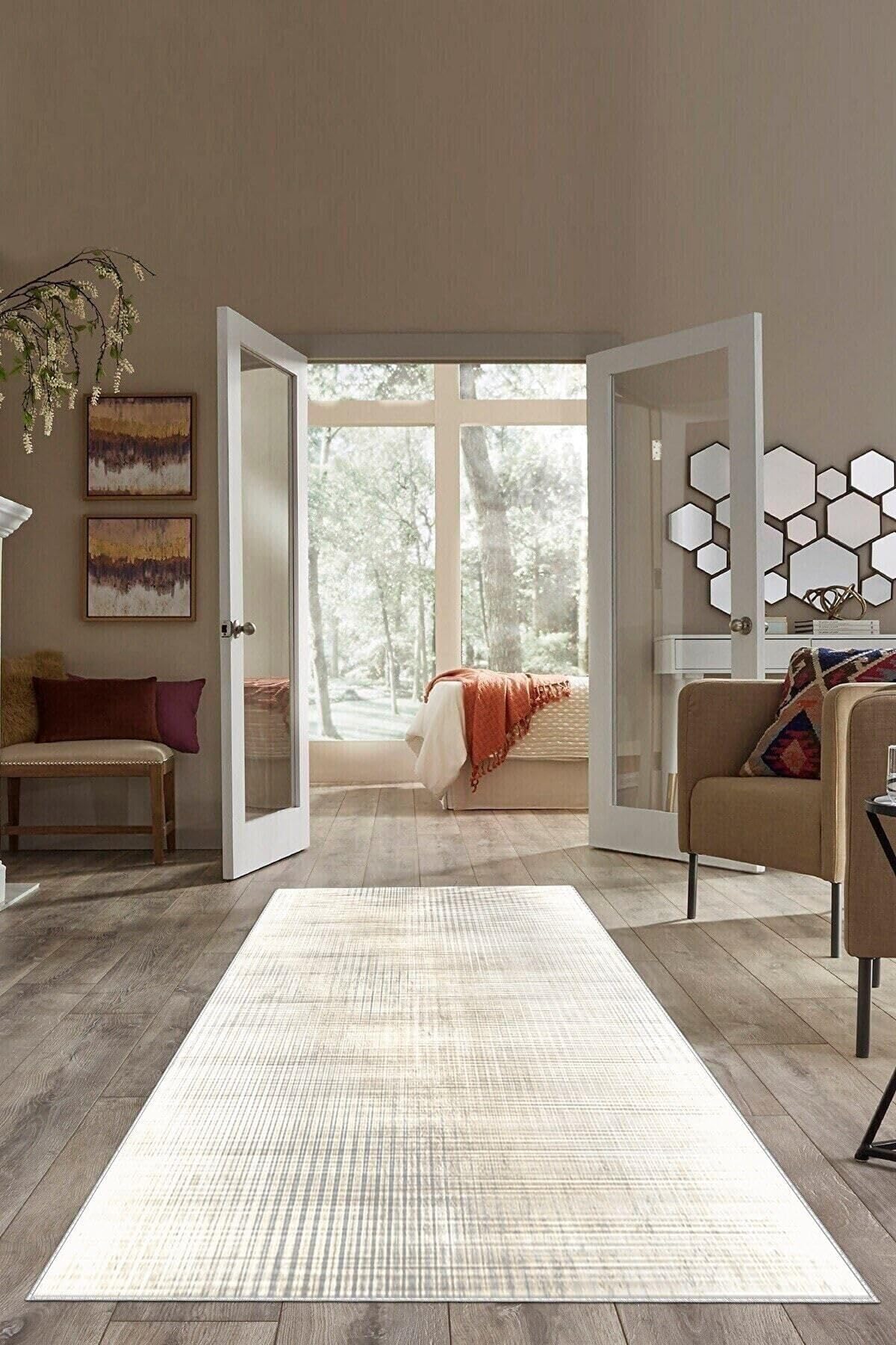 Pelangi Krem Abstract Desen Yıkanabilir Kaymaz Taban Leke Tutmaz Modern Salon Halısı Ve Yolluk, Krem 160 x 240, 135825316024005