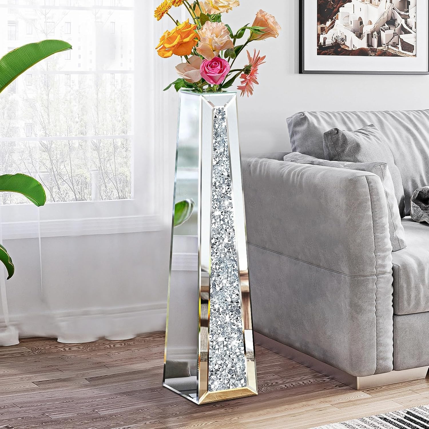 29" Tall Crushed Diamond Floor Vase, Silver Large Vases for Decor Living Room, Crystal Mirrored Home Decor Vases for Dried Flower