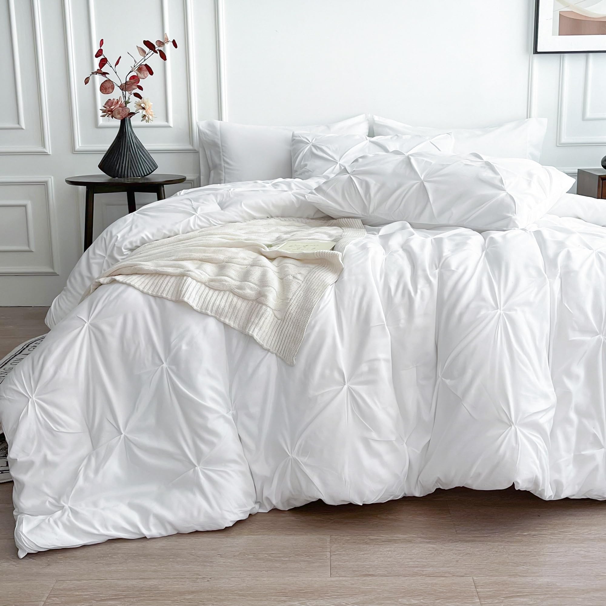 Maple&Stone Full Size Comforter Sets, 7 Pieces Bedding Sets Full, Pintuck Bed in a Bag Bed Set with Comforter, Sheets, Pillowcases & Shams - White