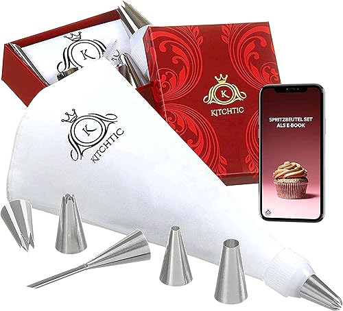 KITCHTIC Juego de bolsas de tuberías de algodón reutilizable grande, forma redonda, 6 piezas, incluye boquillas, adaptador, cepillo de limpieza y