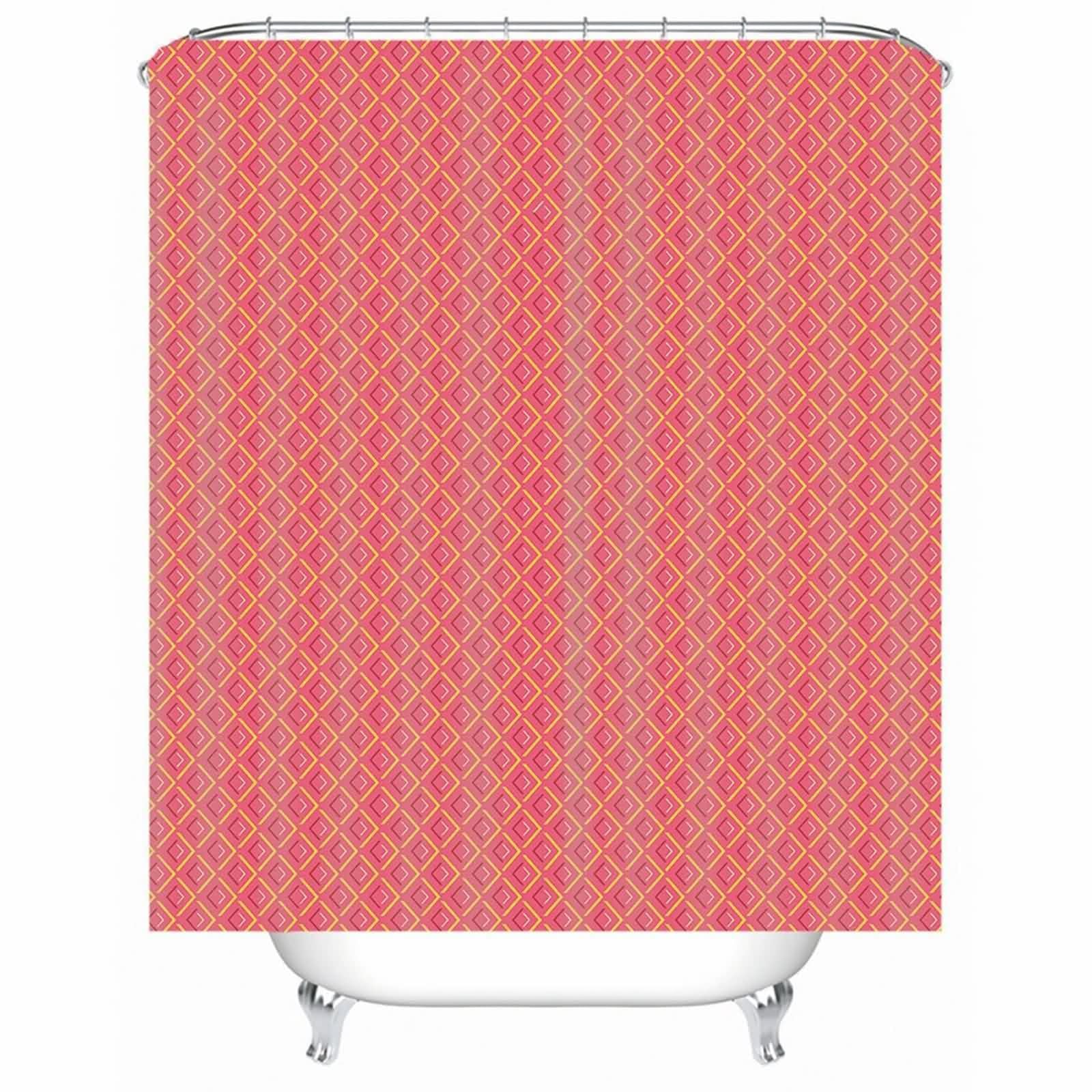 Tenda da doccia in tessuto rosa, rosso, piccola fantasia quadrata, in tessuto di poliestere, resistente alla muffa, lavabile con anelli per tenda da doccia