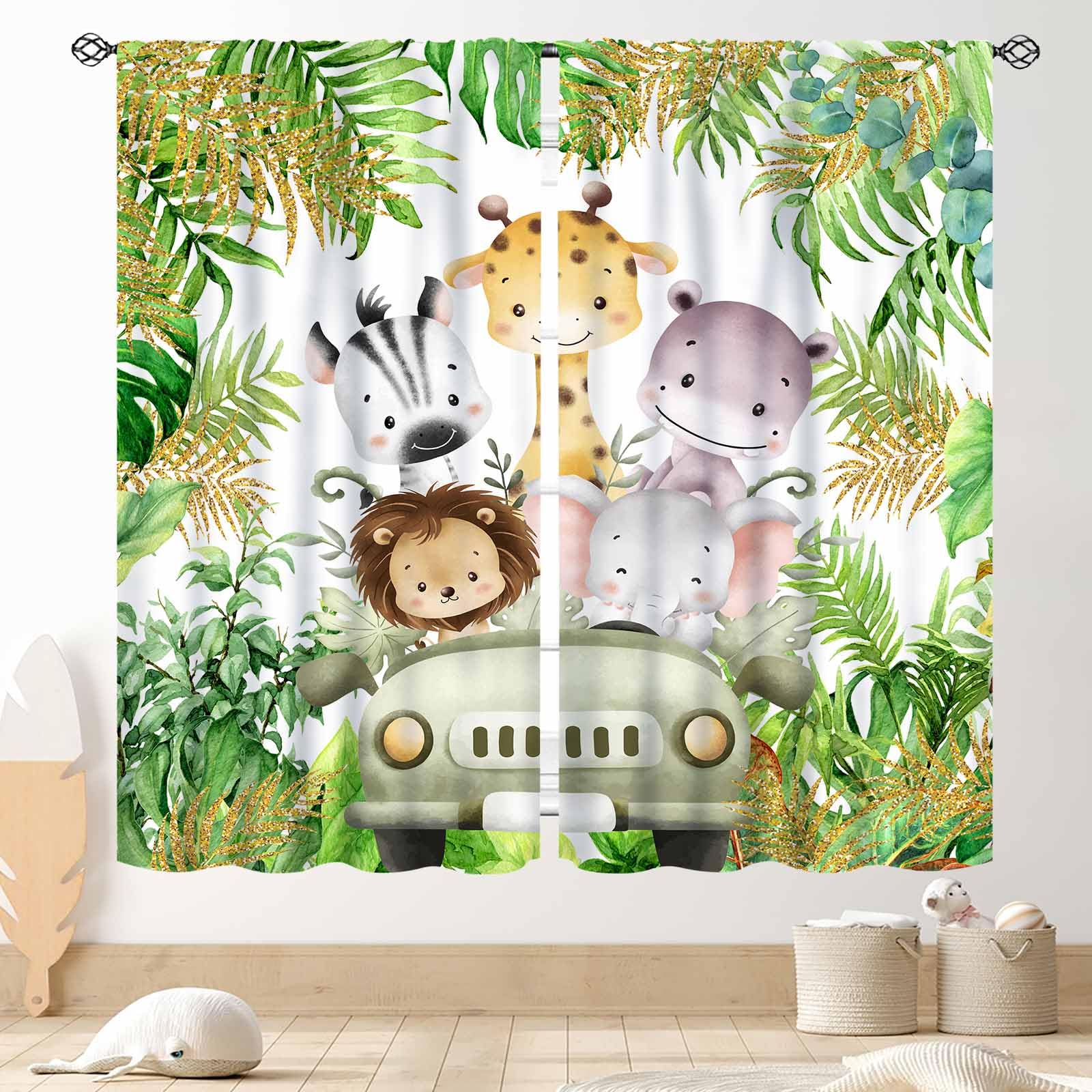 TKUYO Jungle Safari Animals Curtains, Cartoon Animals Lion Giraffe Elephant Woodland Tropical Leaf Green Window Drapery for Kids Boys Girls Baby Living Room Bedroom Nursery 2 Panels, 52"x84" Inch