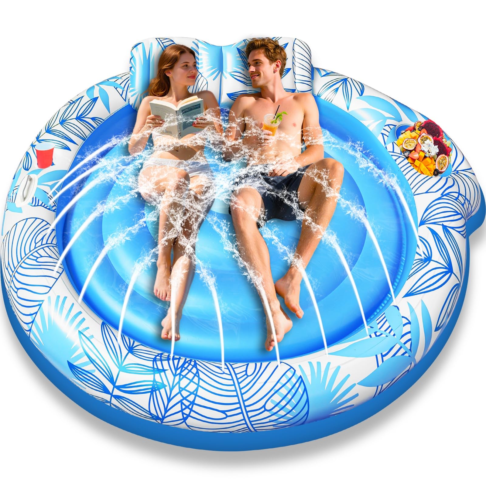 Inflatable Pool Floats Adult, Tanning Pool Lounger Float with Sprinkler Backrest & Drink Holder, 72" x 65" Large Blow Up Tanning Water Bed for Adults Backyard, Lake Beach Party Pool Floatie, Pink/Blue