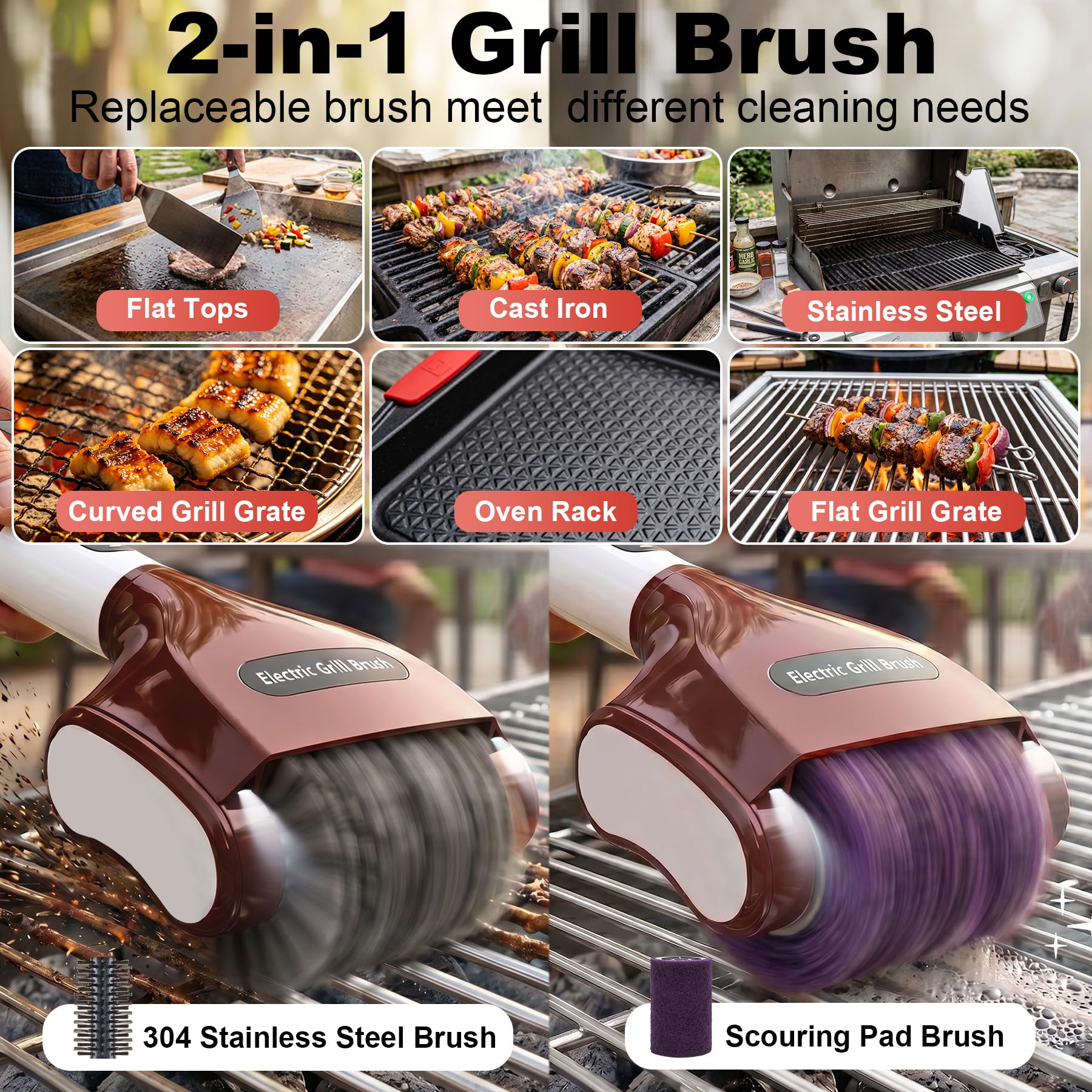 Spazzola Elettrica per Barbecue Senza Fili, 2 Velocità Spazzola Elettrica per Pulizia con Schermo LED Spazzole Ricambio Acciaio Inox, Ricaricabile Pulitore Barbecue Elettrico con Luce per Griglia