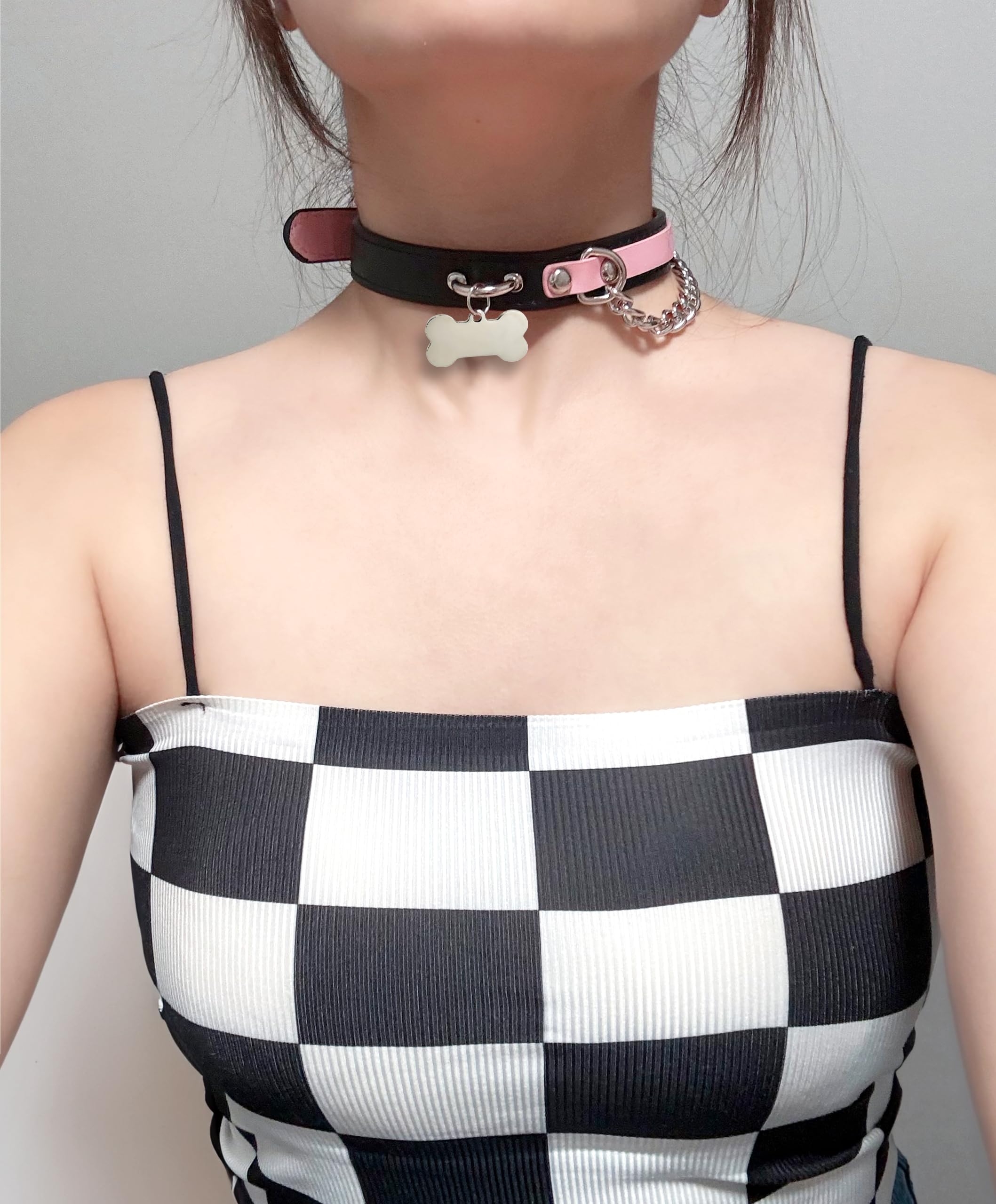 Leather Choker Collar Necklace For Women,Cute Skull Gothic Punk Rock Choker Necklace Collars: PINK BONE-LETTER