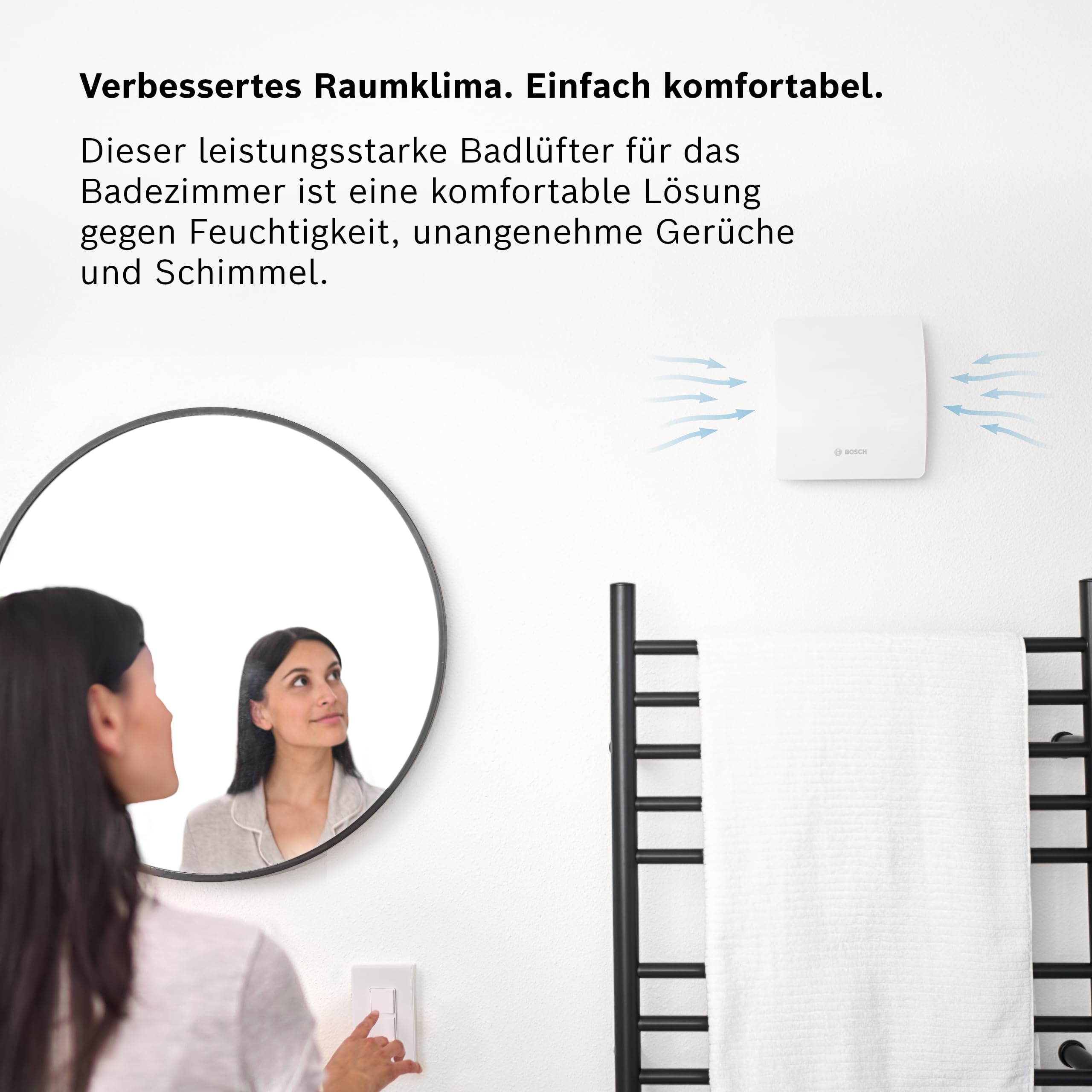 Bosch Badlüfter 1500 DH 100mm - Für Belüftung im Badezimmer und WC, Gegen Feuchtigkeit und Schimmel - Mit Hygrostat und Timer - 100 mm Durchmesser