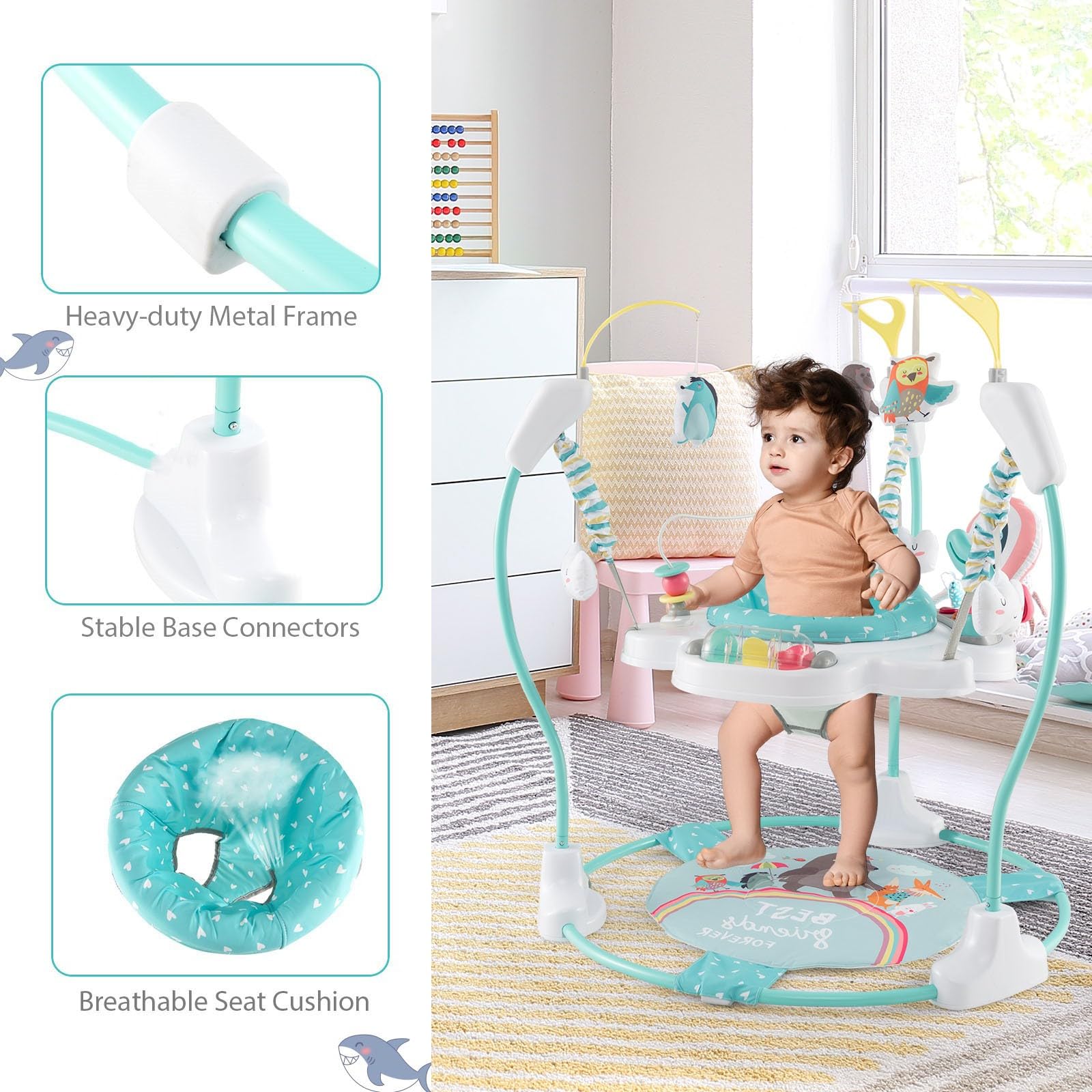 LIFEZEAL Jumperoo Baby wózek do nauki chodzenia z siedziskiem obracającym się o 360°, pomoc w nauce chodzenia z 9 zabawkami, centrum zabaw dżungla ze światłami i melodiami, dla niemowląt i małych