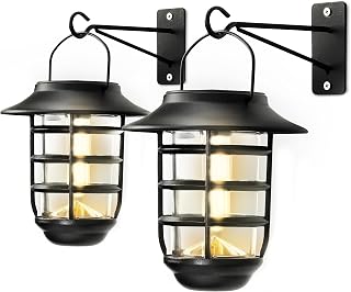 Home Zone Security 2-Pack Solar Wall Hanging Lights LiFePO4 Battery 3000K Warm 20lm Up to 12 Hours Dawn Motion Sensor Auto, IP65 Waterproof, No Wiring Required, Aluminum and Glass Construction