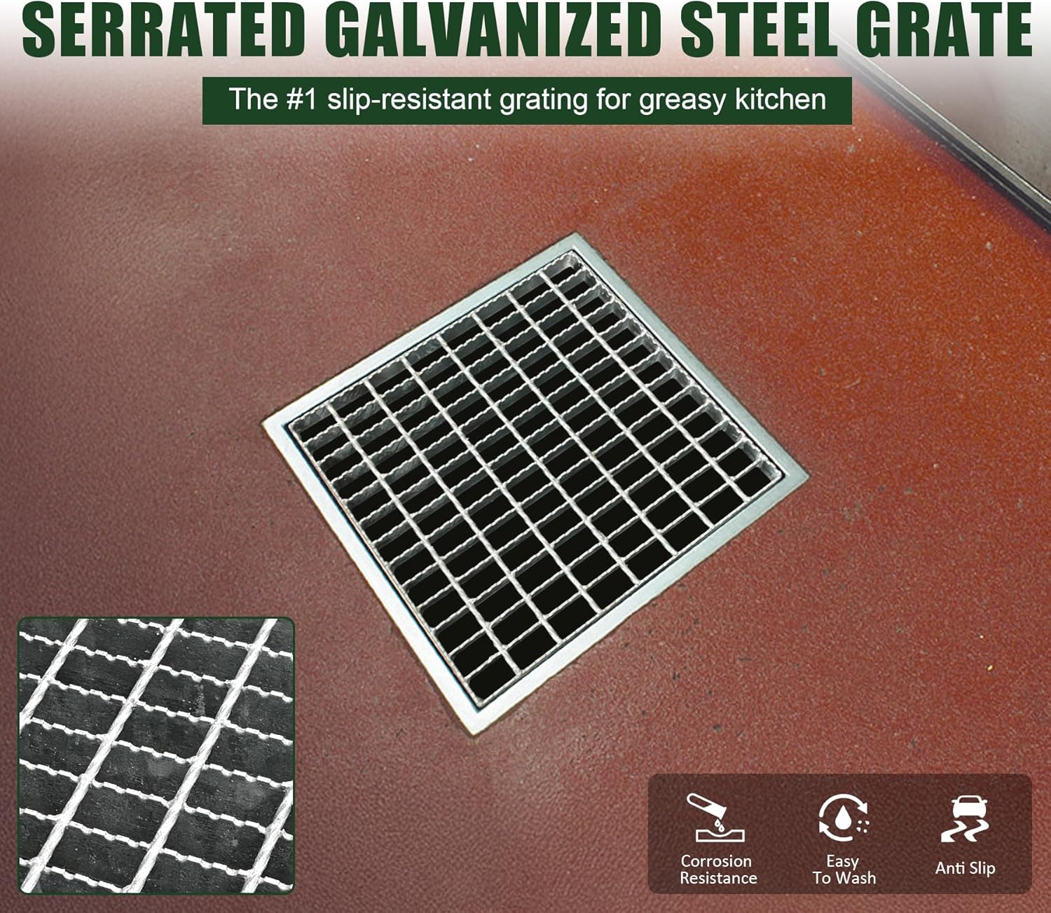12in Serrated Galvanized Steel Driveway Drain Grate-B125 Anti Slip Metal Catch Basin Grate for 12" Concrete Catch Basin,Outdoor Drainage Grates for Garage,Sewer,Kitchen,Factory(12x11.8 in)