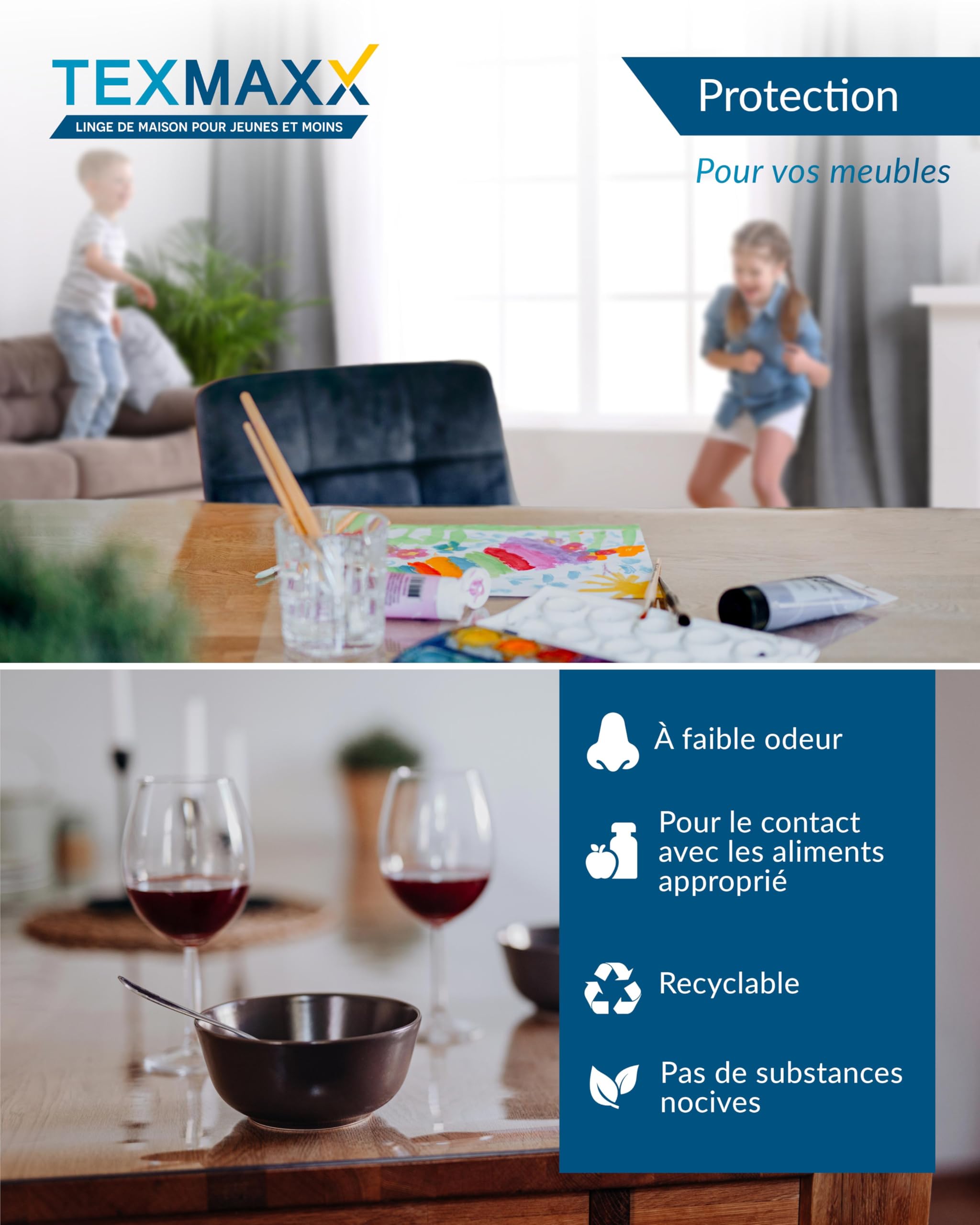 TEXMAXX Protection Table Transparent en PVC - 2 mm avec Bord Droit | Made in Germany - film transparent pour table différentes tailles - film protection table transparente - 55cm x 90cm