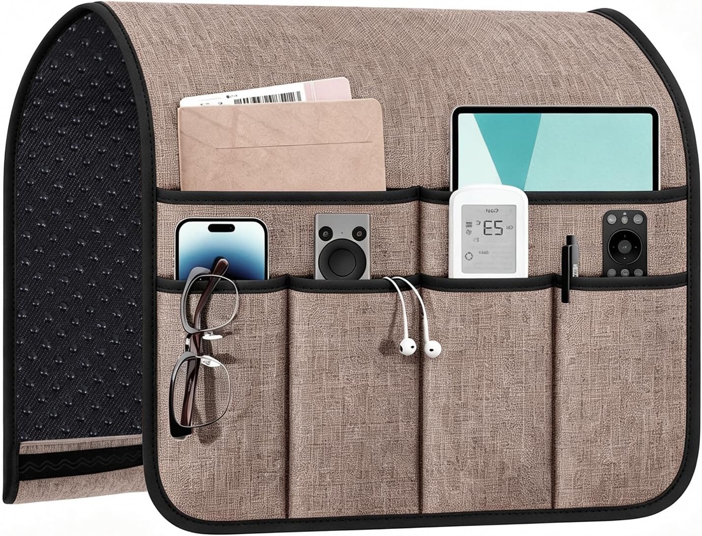 Remote Control Holder,Sofa Armrest Organizer,33.1" x 18.5" (Grey) | ,Linen Couch Caddy with 5 Pockets, Non-Slip Silicone Base & Anti-Slip Strip, Washable Remote Holder for Recliner