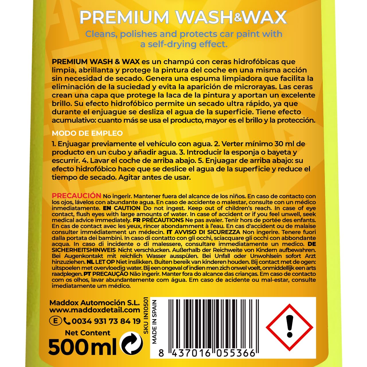 Maddox Detail - Premium Wash & Wax 500 ml | Shampoo auto con Cera Auto | Prodotti per la Pulizia Auto e Rinnova Plastiche Auto | Idratante per Plastica Auto | Protezione Vernice senza Asciugatura