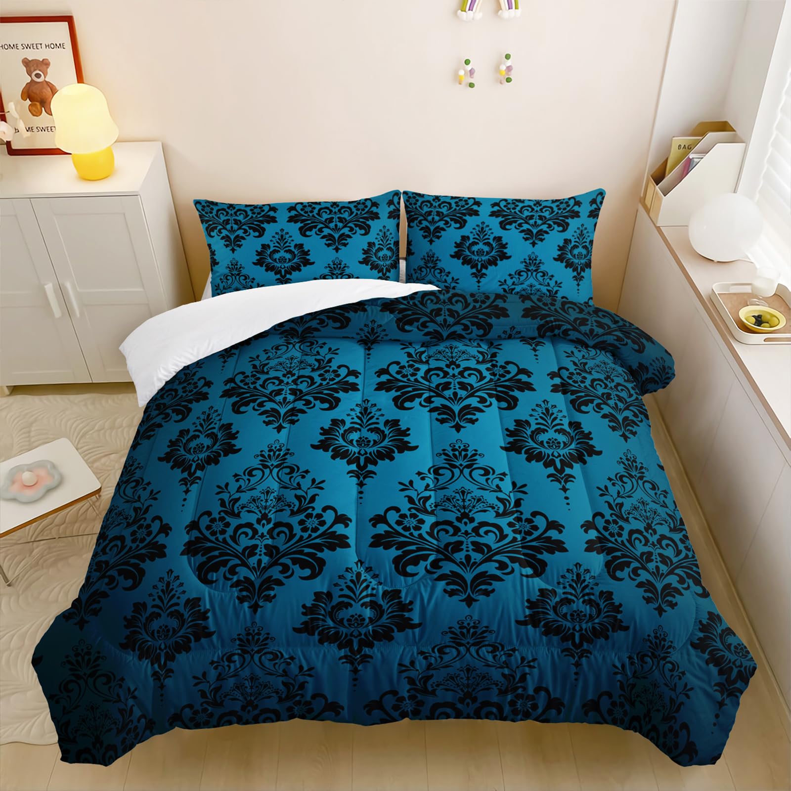 Nttopship Blue Gothic Floral Print Comforter Set Full Size,Vintage Damask Floral Bedding Set,Bohemian Exotic Printed Quilted Set for Teens Adult,with 1 Comforter and 2 Pillow Case