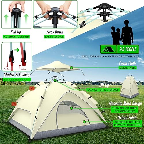 Miniatura 2 de Tienda de campaña desplegable instantánea para 2 a 3 personas, tienda de campaña reactiva al aire libre con ventanas de malla, configuración de 3