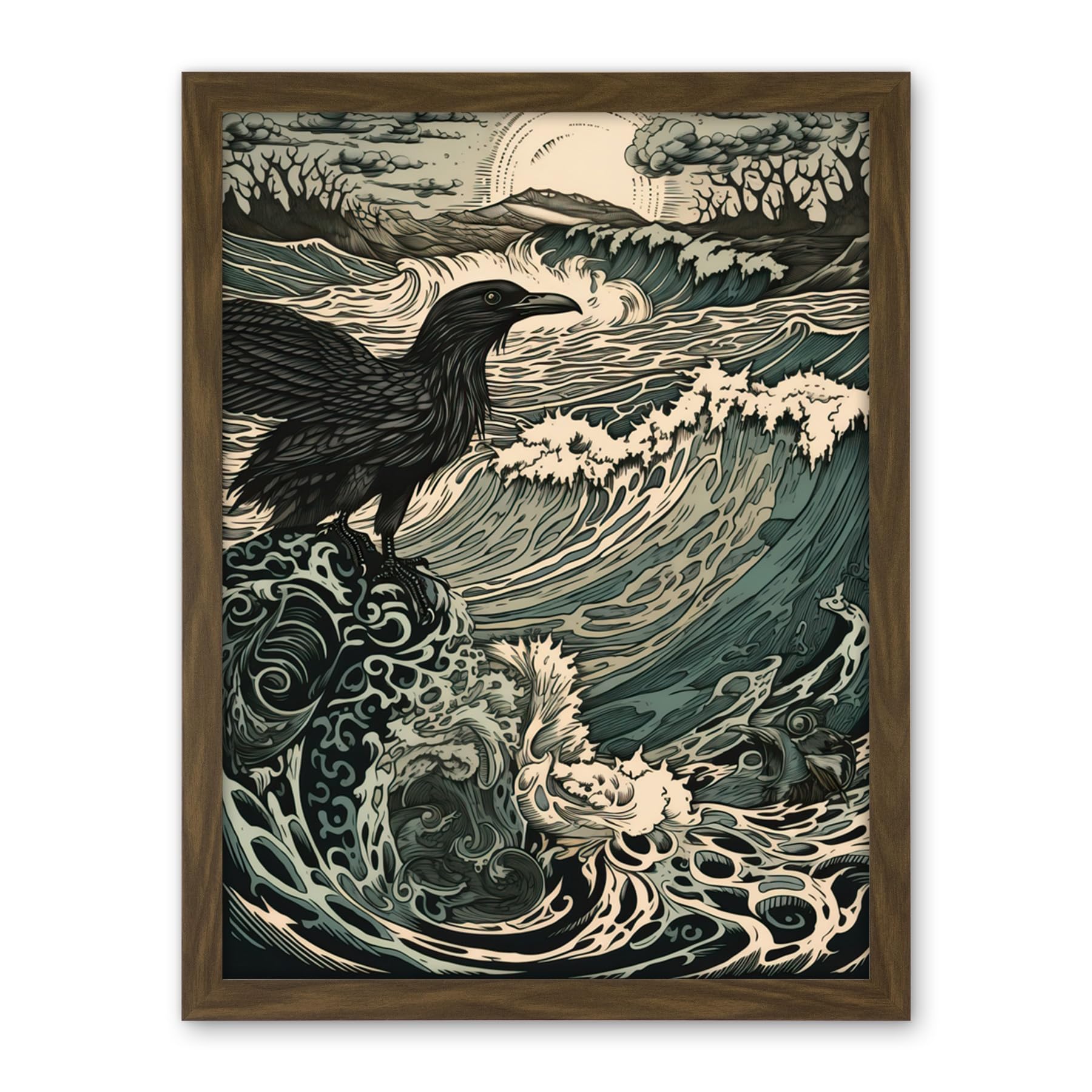 Artery8 Raven and Crashing Waves Coastal Sunrise Landscape Artwork Framed Wall Art Print 18X24 Inch