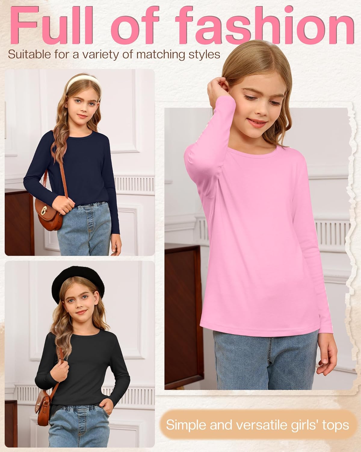 5 Pack Girls' Long Sleeve Shirts Kids Soft Crewneck Casual Loose Fit Layering Tops Basic Athletic Pullover Tee - Image 5