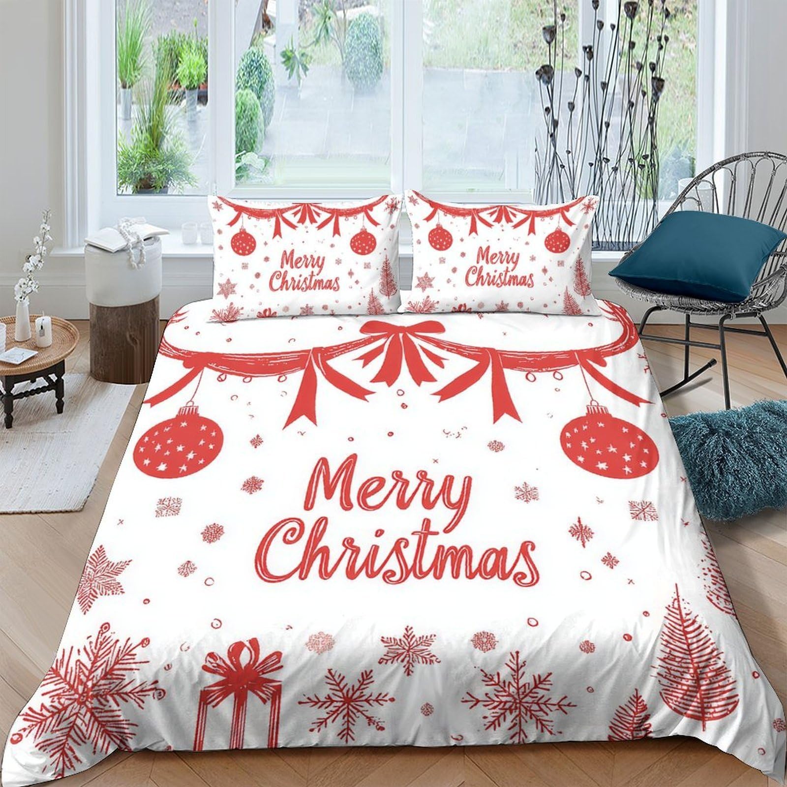 GPLZQXKJNH 3D Printed Christmas Red Ornaments Duvet Cover Microfiber Soft Snowflake Gift Bedding Set with 2 Pillowcases for Bedroom Home Single（135x200cm）
