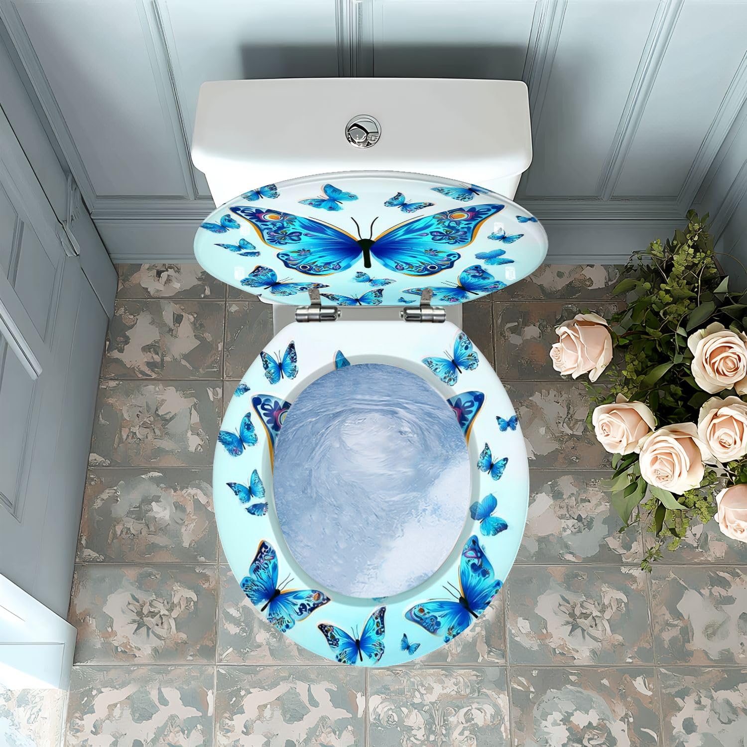 Asiento de inodoro redondo de resina con cierre suave para baño.