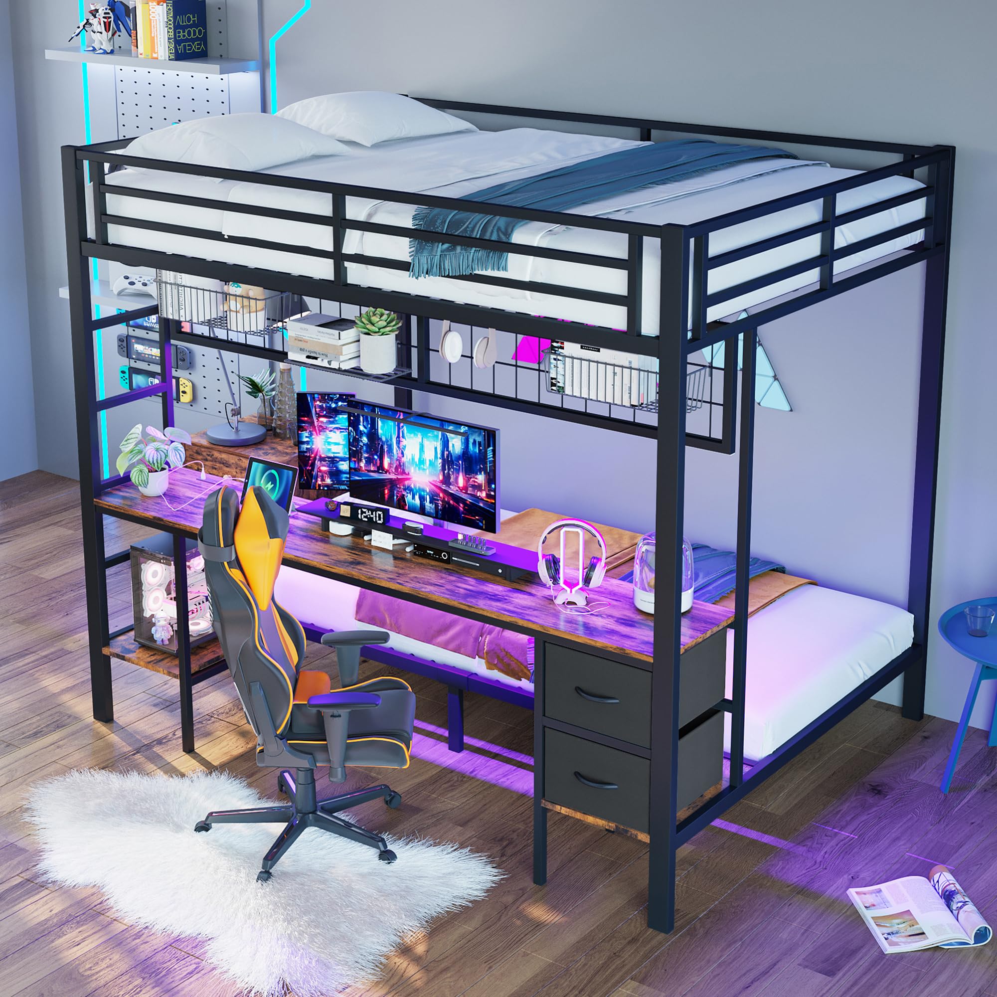 Cama alta con escritorio de 90 x 200 y 140 x 200 cm, litera con iluminación LED, conexiones USB, 2 cajones, estantes y estantes para colgar, estructura de cama de metal, sin colchón (negro)